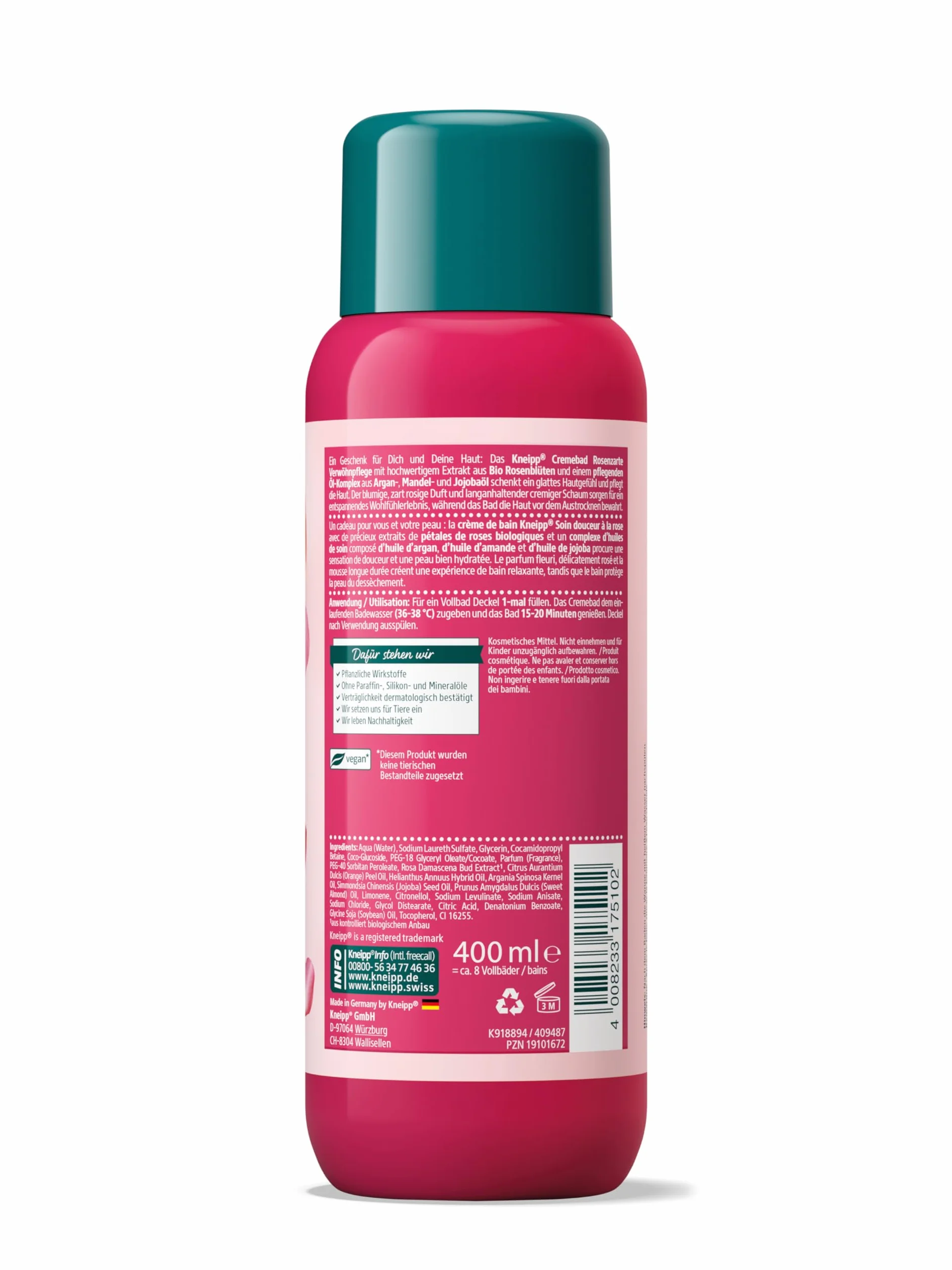 Kneipp Kremowa kąpiel z różami delikatna pielęgnacja – dodatek do kąpieli z wysokiej jakości ekstraktem z płatków róży ekologicznej i pielęgnującym kompleksem olejków – nadaje skórze uczucie gładkości