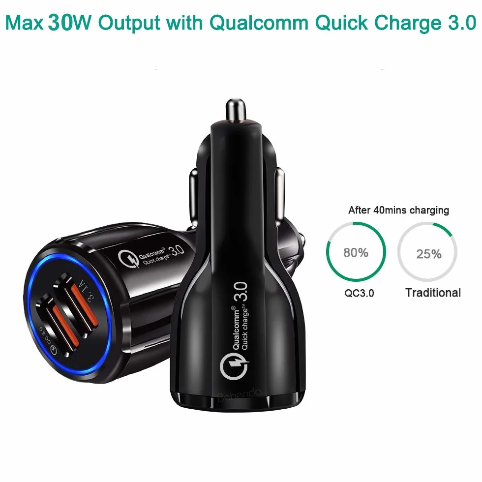 Maclean MCE478 Czarna Ładowarka Samochodowa, Podwójne Gniazdo Ładowarki, 2x USB QC 3.0, Moc Wyjściowa Ładowarki 6,1A, Ładowarka do Telefonu Podczas Jazdy Samochodem, Ładowarka do Zapalniczki