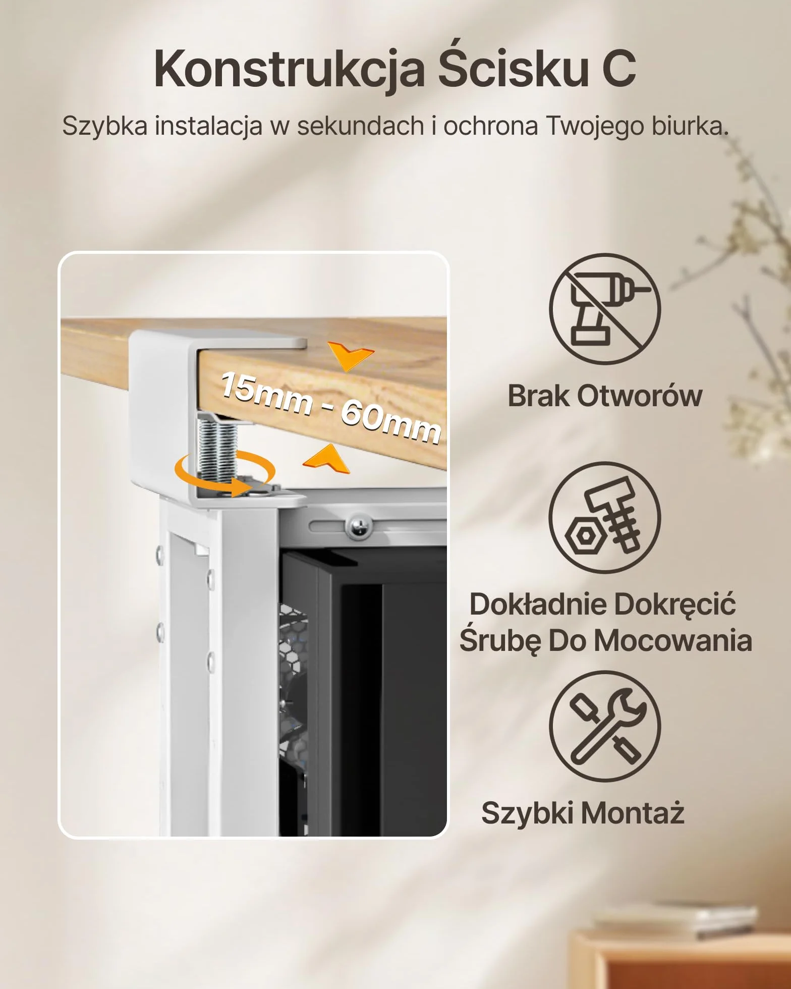 monTEK Heavy-Duty uchwyt do komputera pod biurko, montaż bez wiercenia, regulowany uchwyt na komputer z podkładkami ochronnymi, udźwig do 30 kg, wysokość 16,1-25,6", idealny do biura, domu, klasy