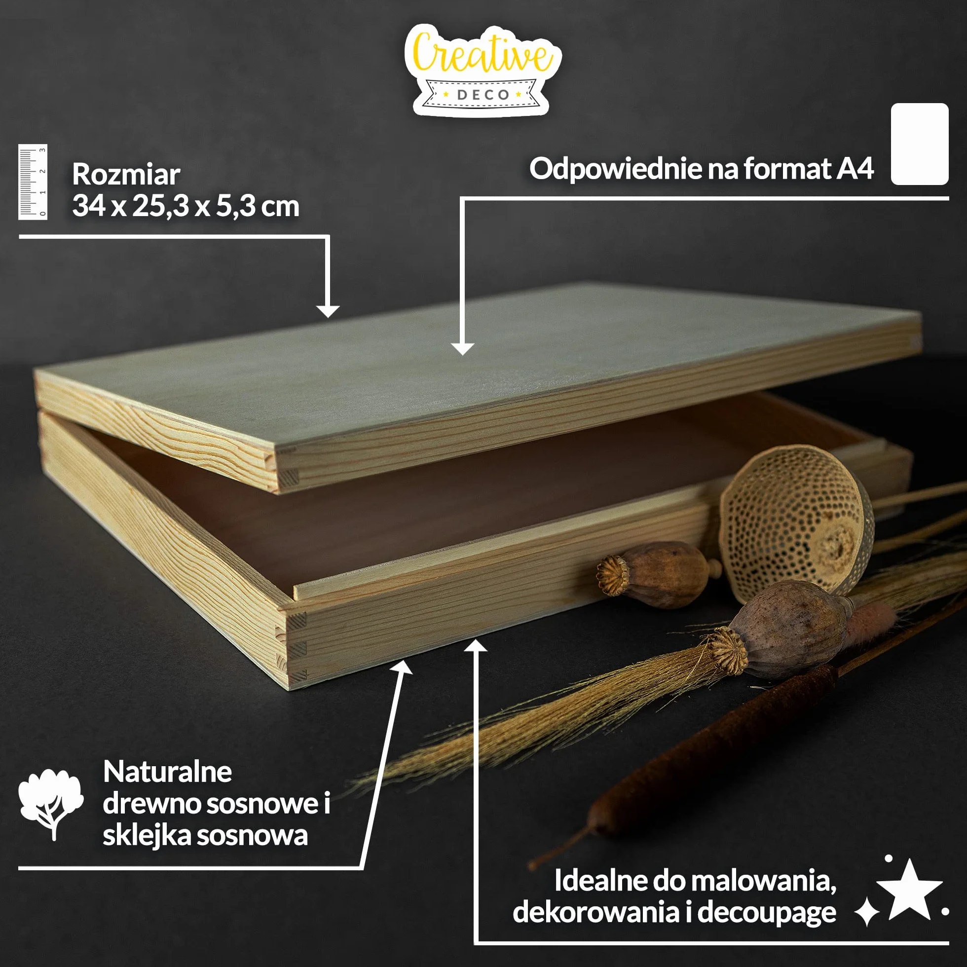 Drewniane Pudełko A4 Niemalowane 34 x 25,3 x 5,3 cm do Przechowywania