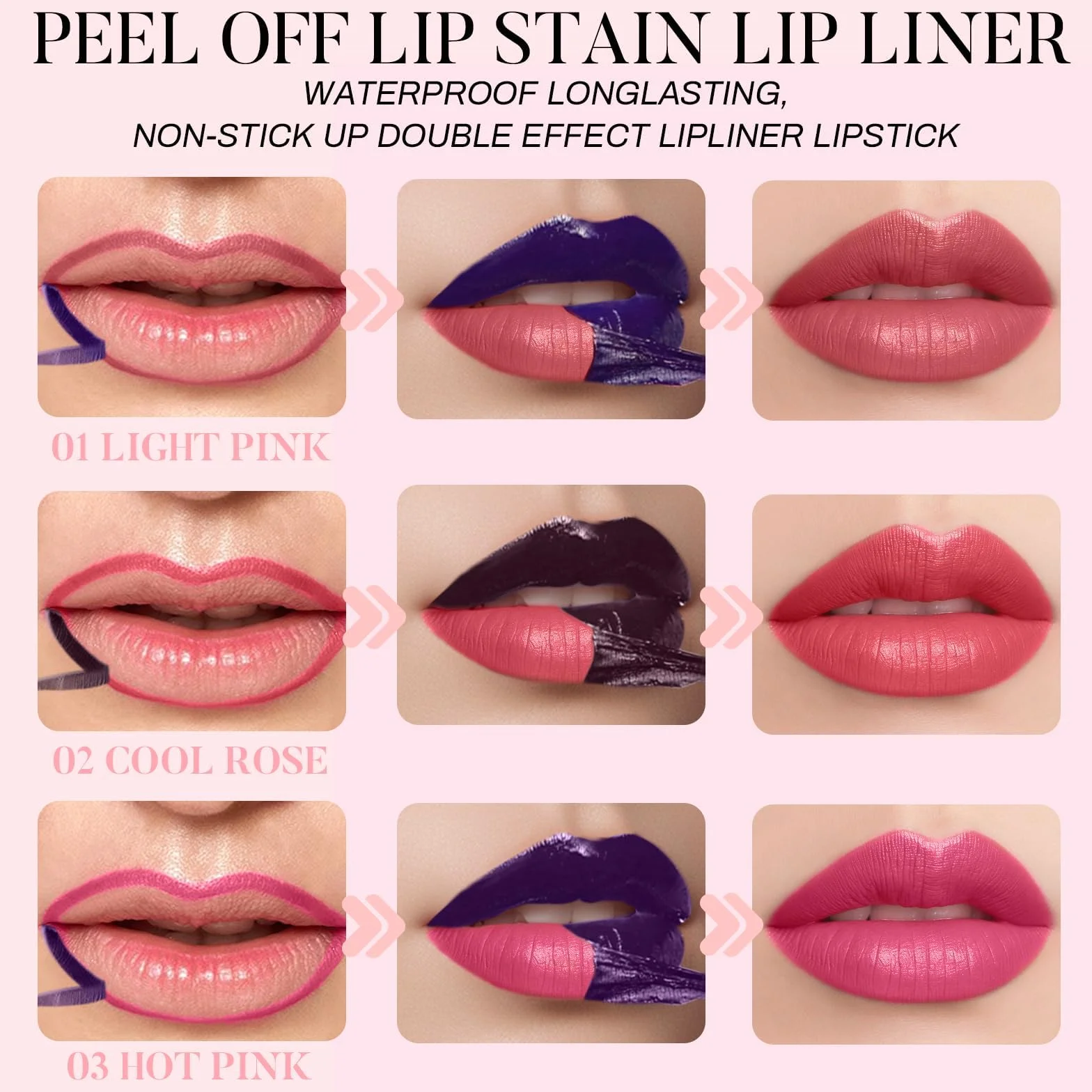 Prreal Zestaw 3 szt. peel off Lip Liner Stainstain, matowe wykończenie konturówki do ust, wodoodporny, długotrwały, nieprzywierający