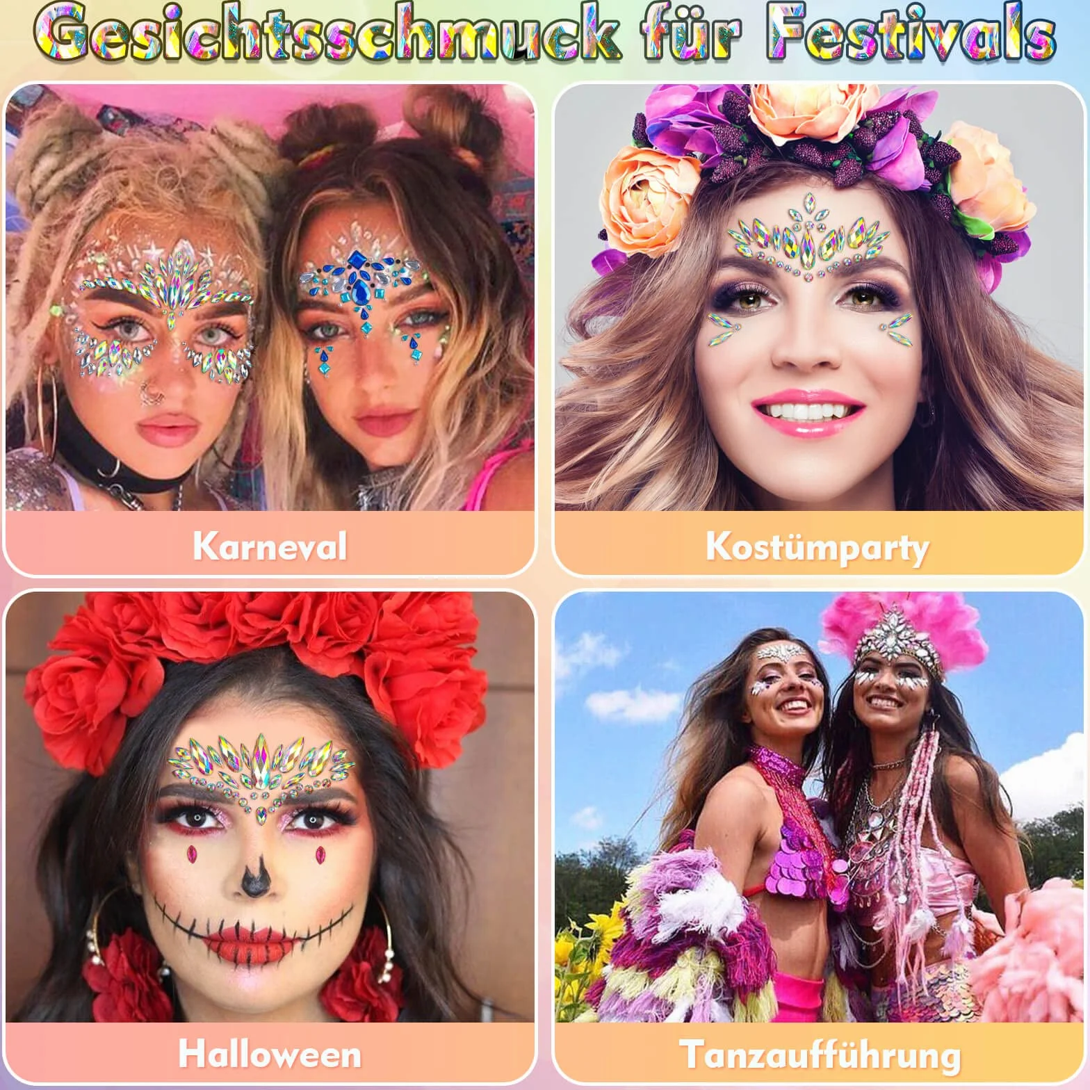 Zestaw 8 błyszczących kryształków do twarzy, na festiwal, do stroju, na imprezę, karnawał, Halloween