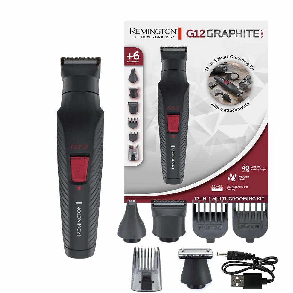 Remington Trymer do brody i maszynka do strzyżenia włosów (zestaw do pielęgnacji 12w1 z 6 nasadkami, do twarzy, precyzyjna, nosa, uszu i brwi, powłoka grafitowa, samoostrzące się ostrza) G12 PG2120