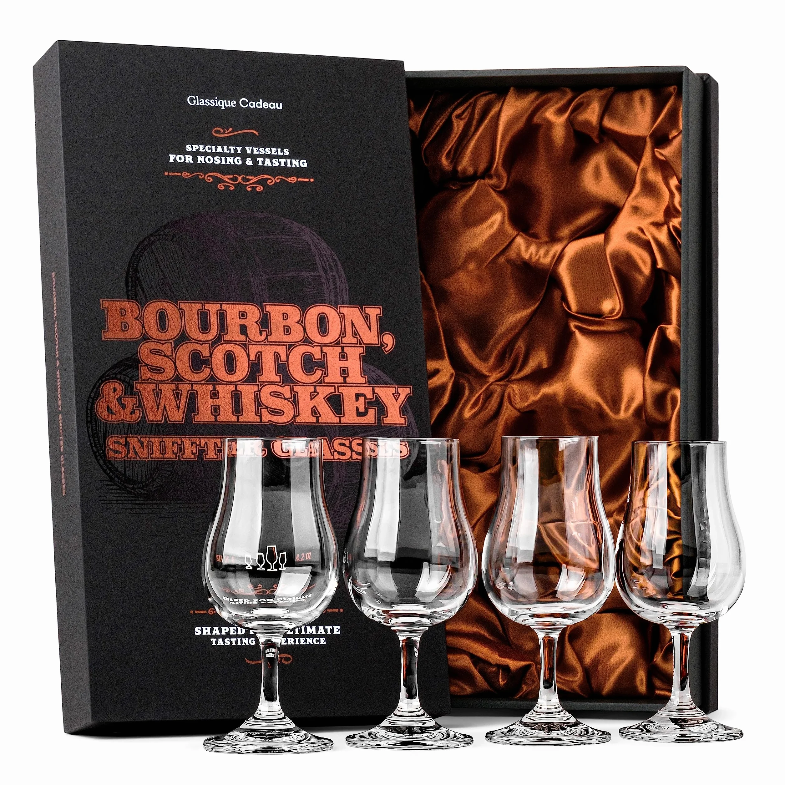 Whiskey Tasting Glasses Set of 4 Crystal Snifters Professional 4 oz Tulip Shaped Nosing Copitas