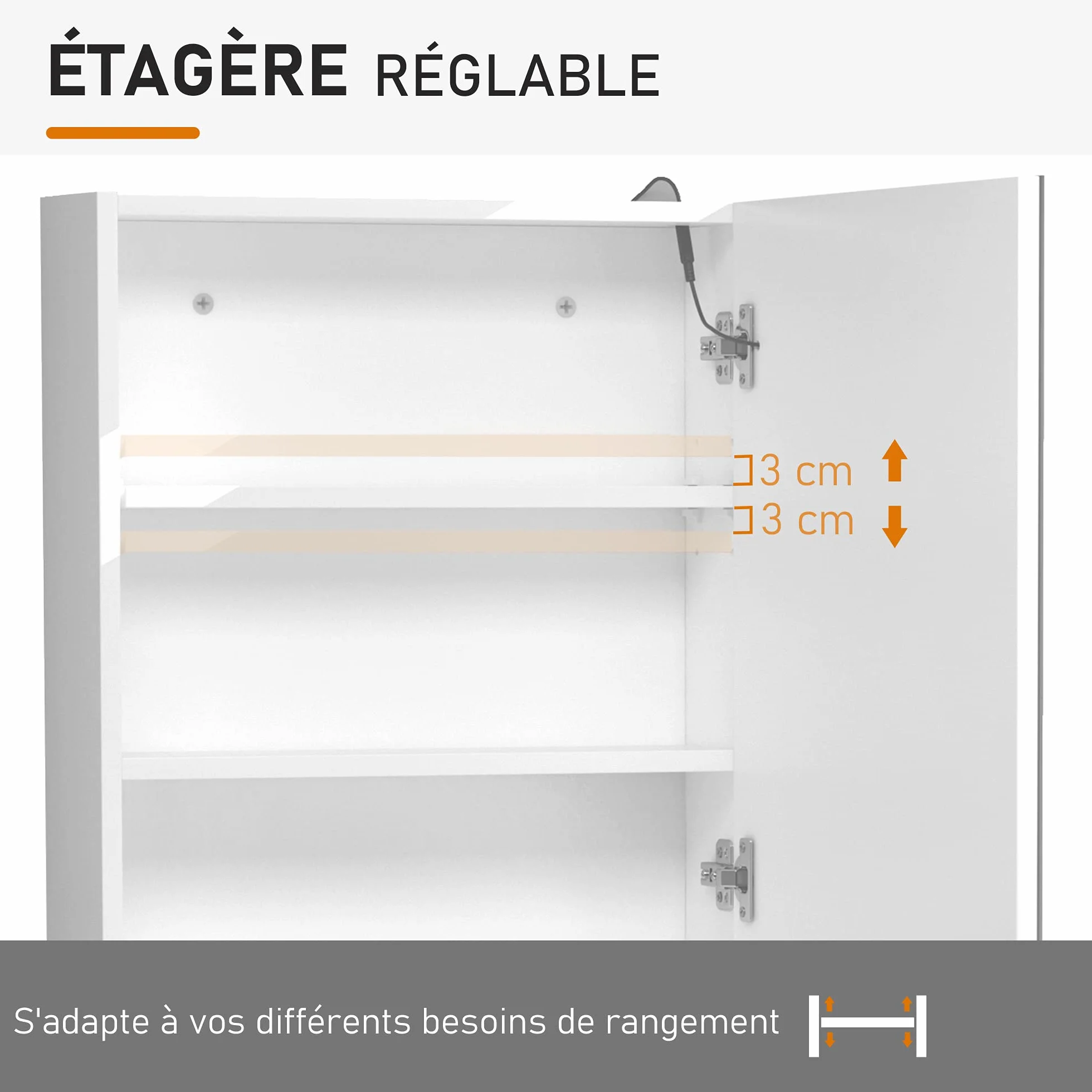 HOMCOM Podświetlane lustro LED Szafka ścienna Projekt łazienki 2 w 1 Słońce. 50L x 15 l x 60H cm MDF Biały
