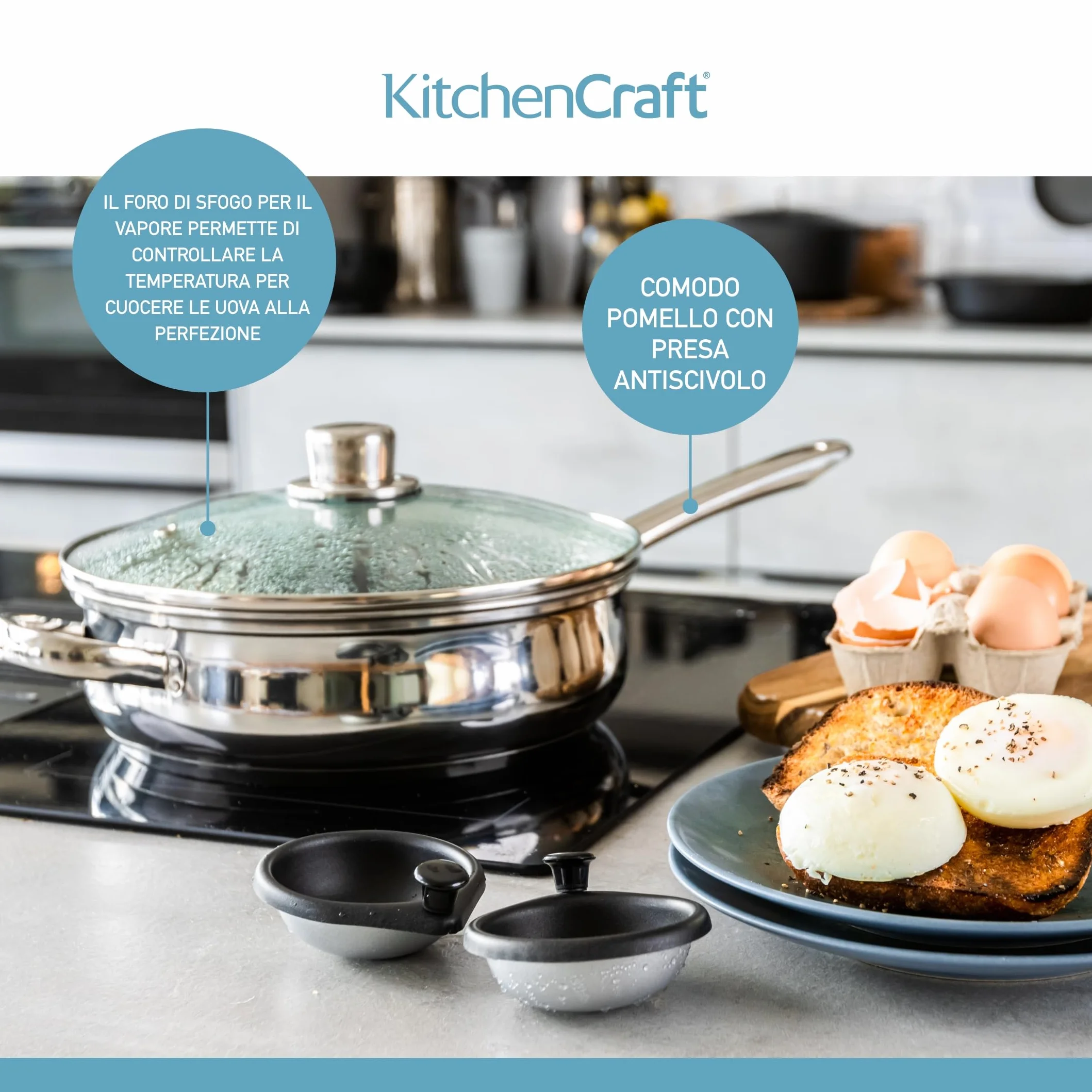 KitchenCraft Patelnia do gotowania jajek z nieprzywierającą powłoką indukcyjną, stal nierdzewna, pasuje do 6 jajek, 26 cm, srebrna
