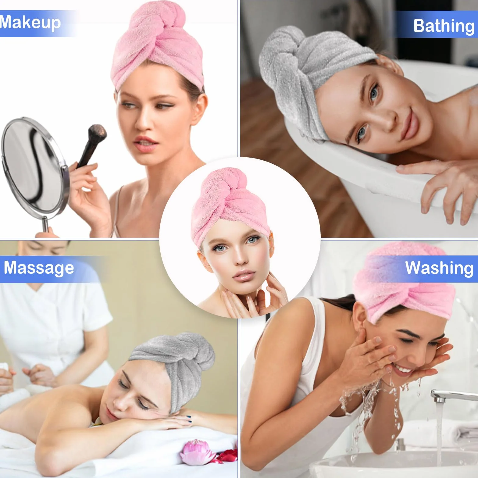 4 turban do włosów, ręcznik z mikrofibry, turban z guzikiem, super chłonny i szybkoschnący, z mikrofibry, do wszystkich rodzajów włosów (różowy, szary, jasnoniebieski, fioletowy)