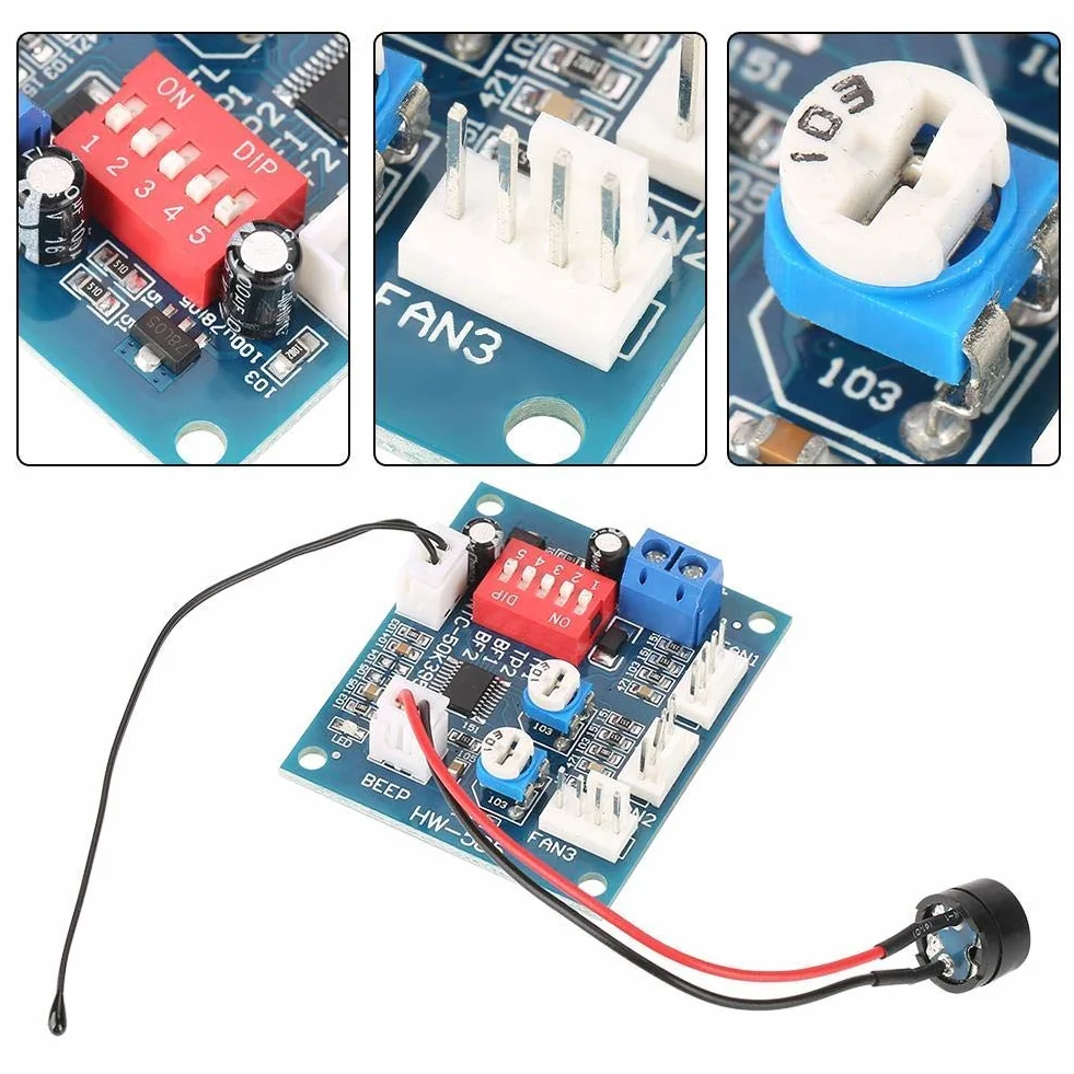 Samodzielny kontroler wentylatora PWM DC 12V 4-przewodowy termostat, kontroler PWM kontroler prędkości wentylatora z czujnikiem, moduł kontrolera DIY do kontrolera temperatury wentylatora PC + brzęczyk i sonda