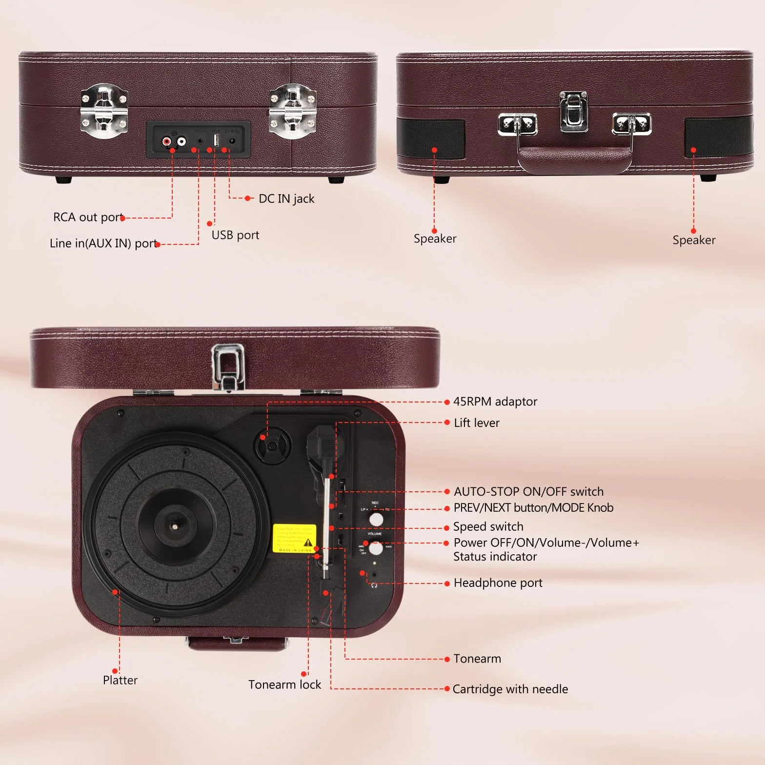 Gramofon Bluetooth, gramofon z głośnikami 33/45/78 obr./min, napęd pasowy, winylowy, USB, gramofon retro, winylowy na MP3 (czerwony)