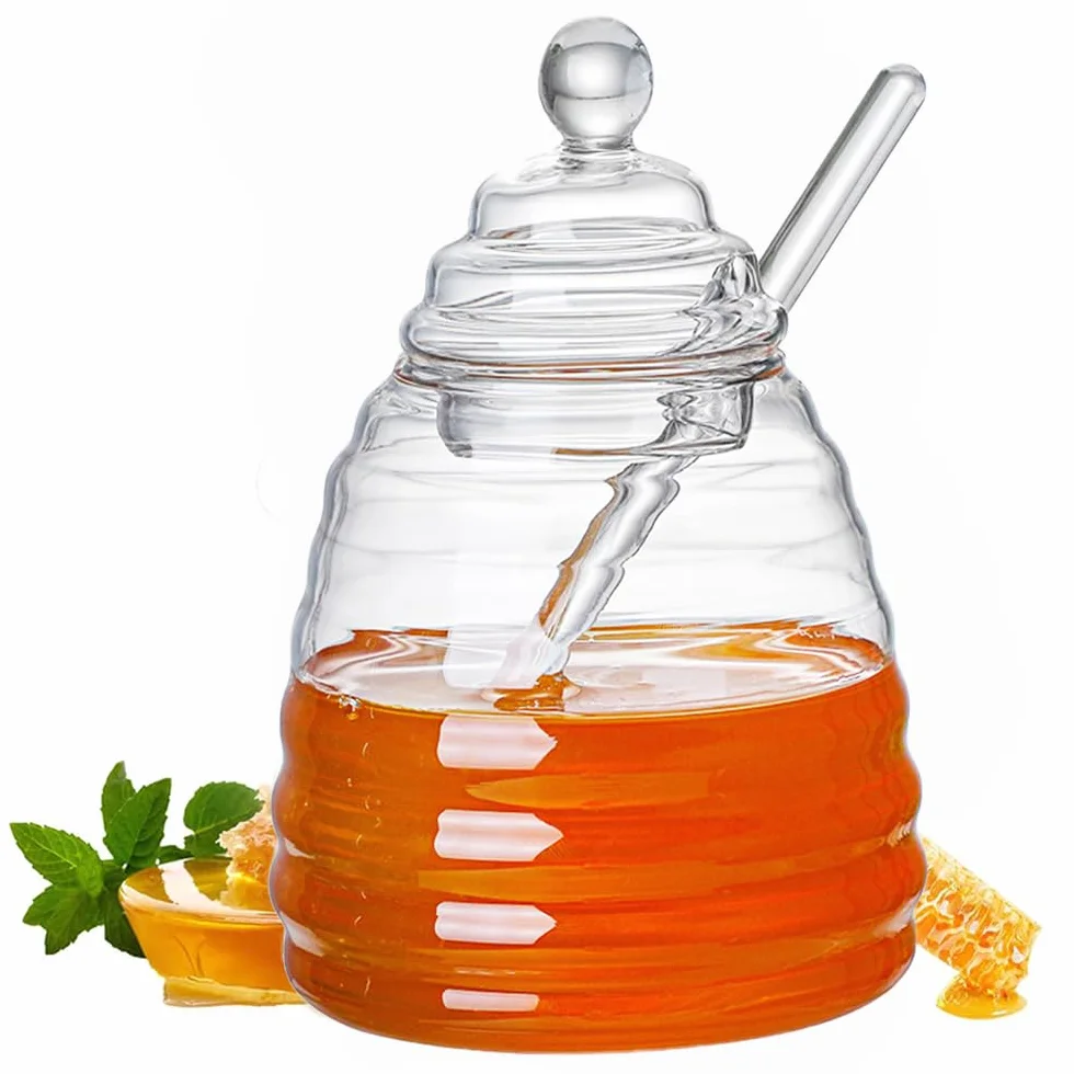 Szklany garnek na miód 500 ml z łyżeczką i pokrywką