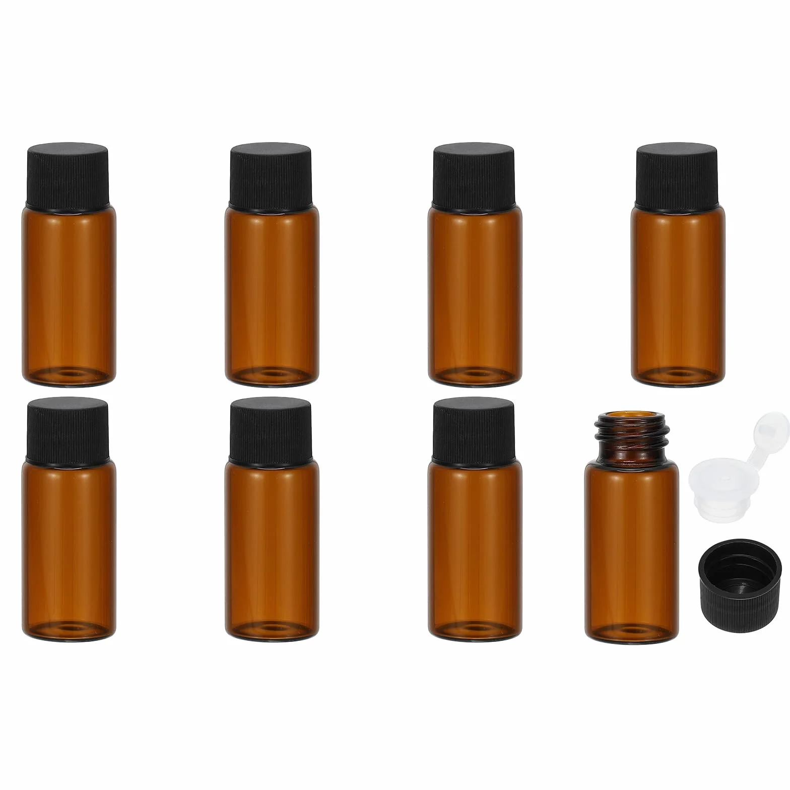 Patikil Butelki na olejki eteryczne 10 ml, 8 opakowań, szkło bursztynowe, reduktor kryzy, fiolka na próbki, wąska zakrętka, pojemnik, czarny