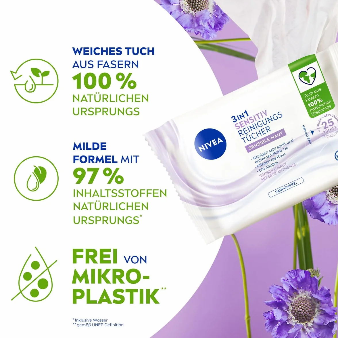 NIVEA 3 w 1 Sensitiv chusteczki czyszczące, łagodne chusteczki do czyszczenia twarzy z dekspantenolem, delikatne chusteczki do demakijażu dla szczególnie wrażliwej skóry, zawierające 0% alkoholu (25