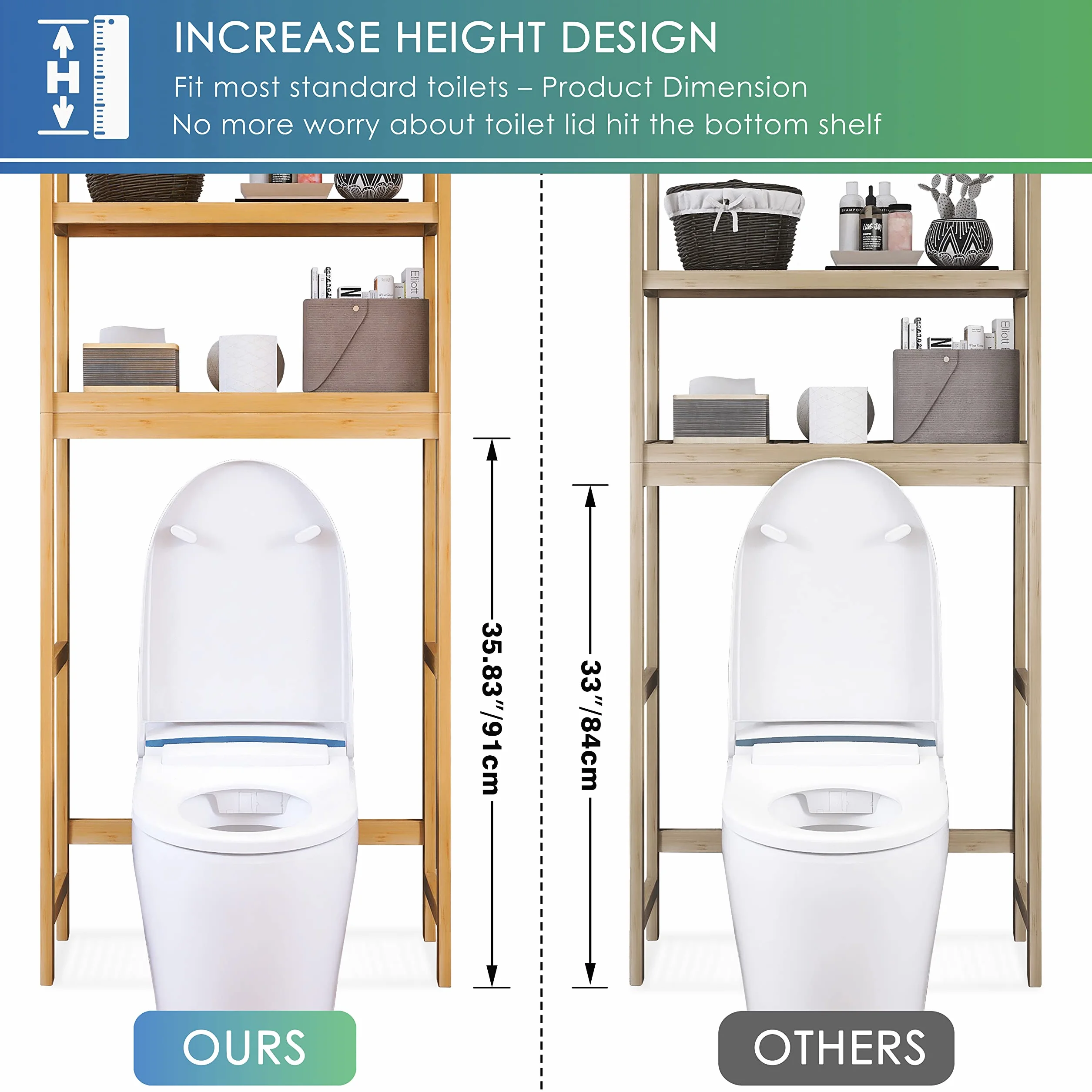 SMIBUY Regał łazienkowy, bambusowy stojak na toalety, wolnostojąca toaleta Space Saver z 3 poziomami półek (naturalny)