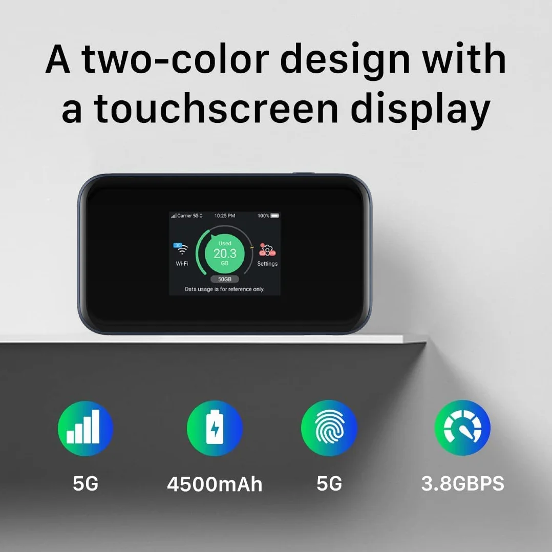 ZTE MU5001 5G Odblokowany, przenośny, niedrogi podróżny WiFi, łączy 32 urządzenia, 8-godzinny akumulator z funkcją szybkiego ładowania, ekran dotykowy, specyfikacja brytyjska - czarny