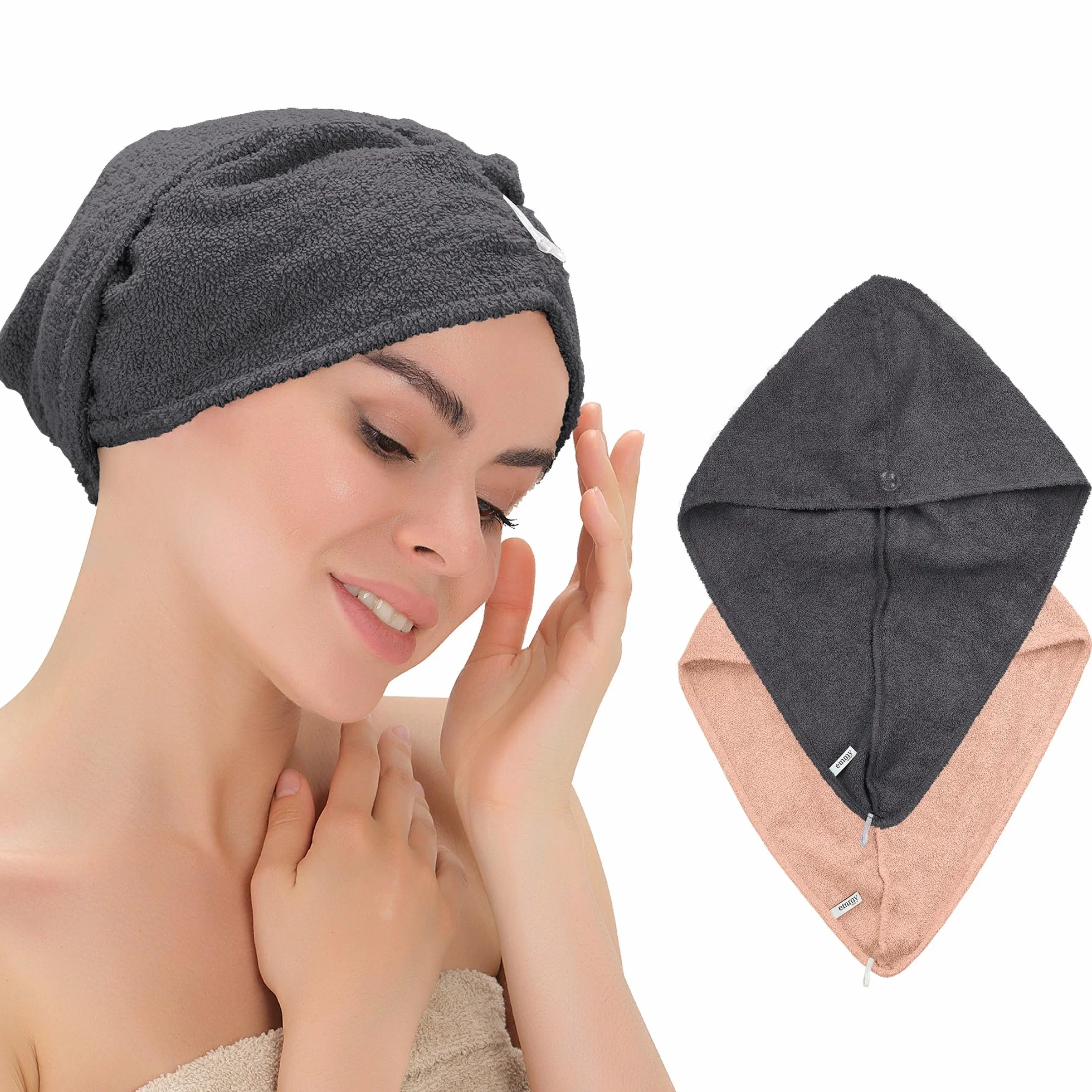 Turban do włosów – 100% bawełna, 2 sztuki, szybkoschnący, turban, ręcznik do włosów z guzikami, ręcznik do włosów, ręcznik do włosów (różowo-antracytowy)