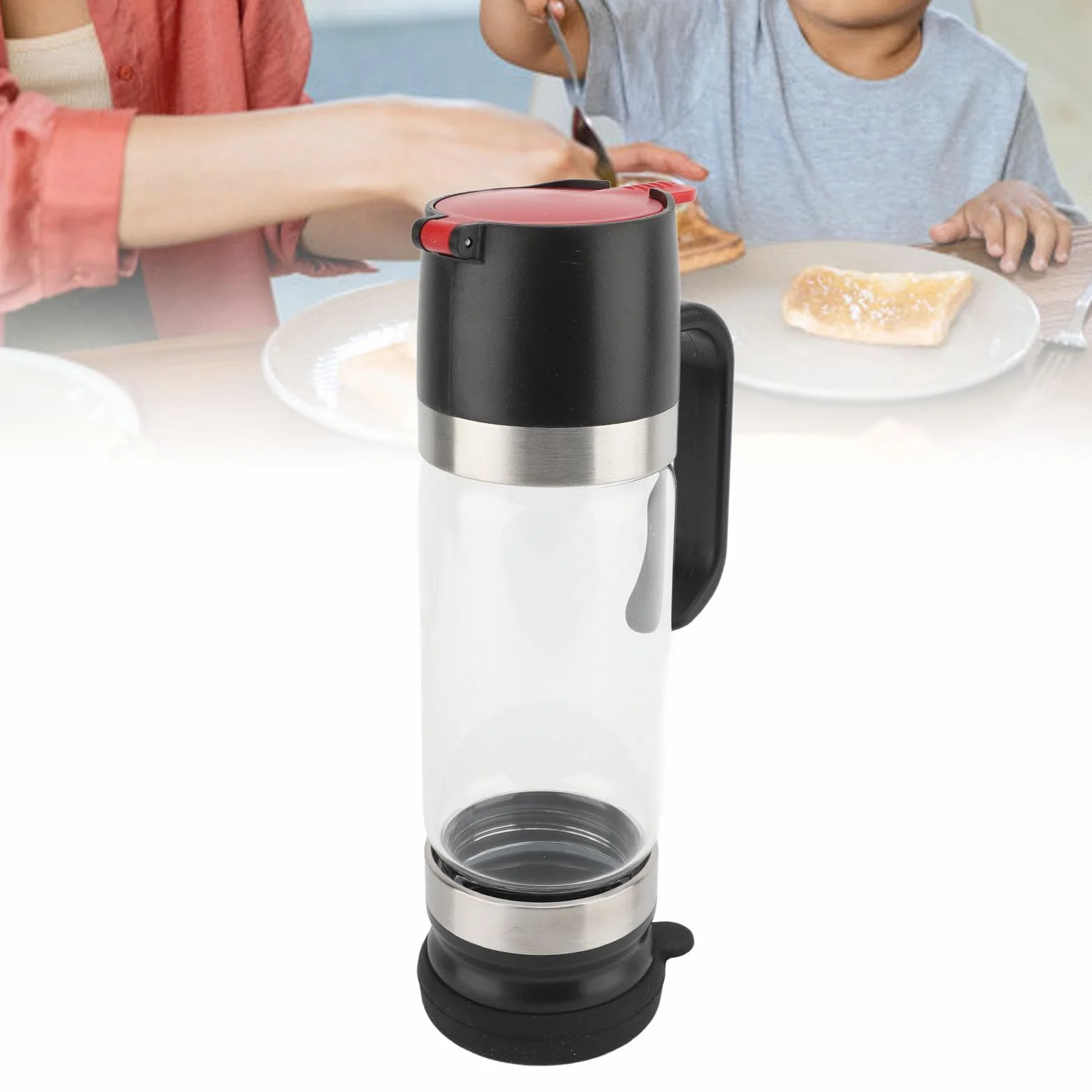 Szklany dozownik do miodu, 350 ml szklany dozownik do miodu bez kapania z uchwytem, ​​szklany dozownik do syropu, szklana butelka do syropu bez kapania do syropu klonowego (BLACK)