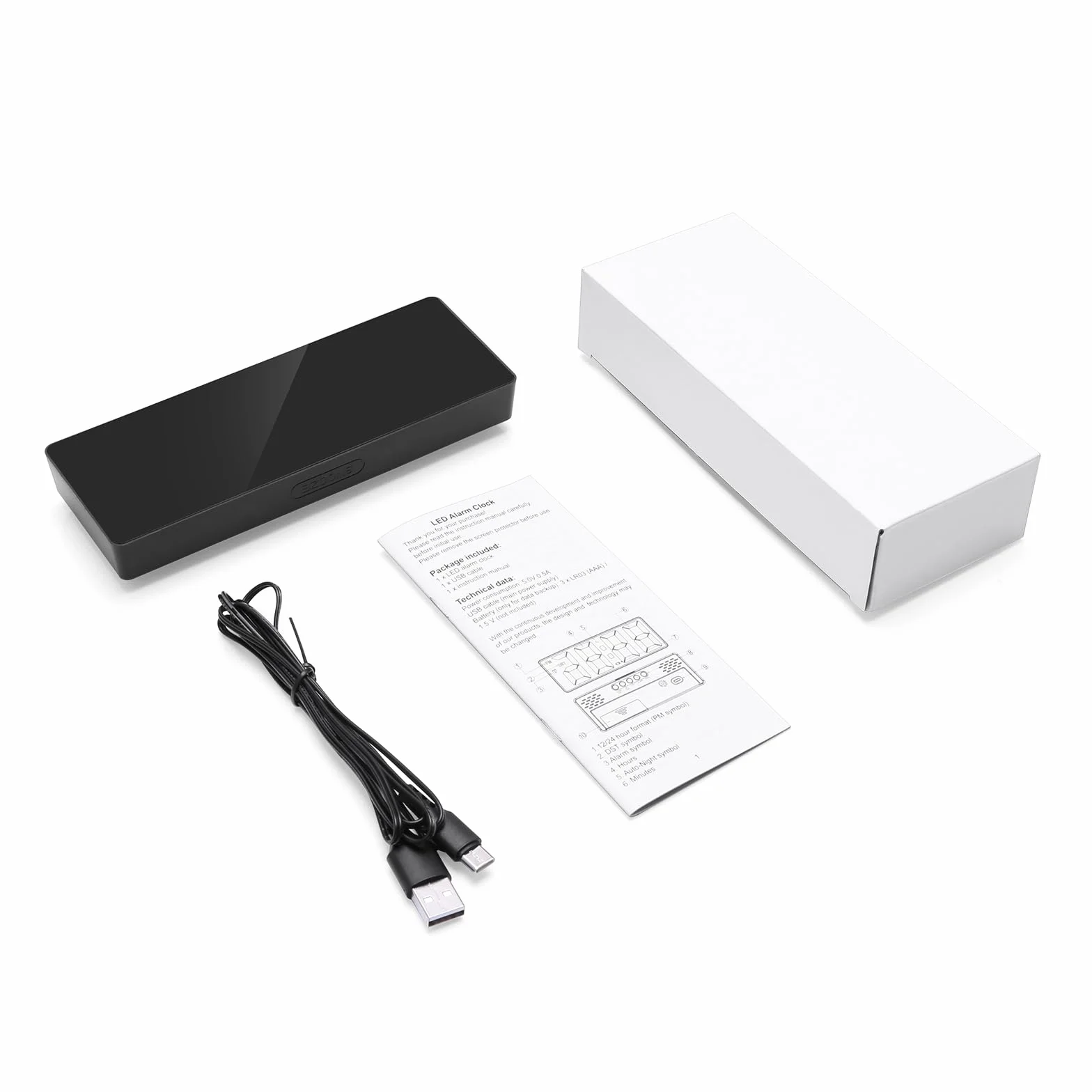 Cyfrowy budzik LED z dużym wyświetlaczem, zasilany USB/baterii, temperatura, drzemka, data, regulacja jasności, sterowanie głosowe