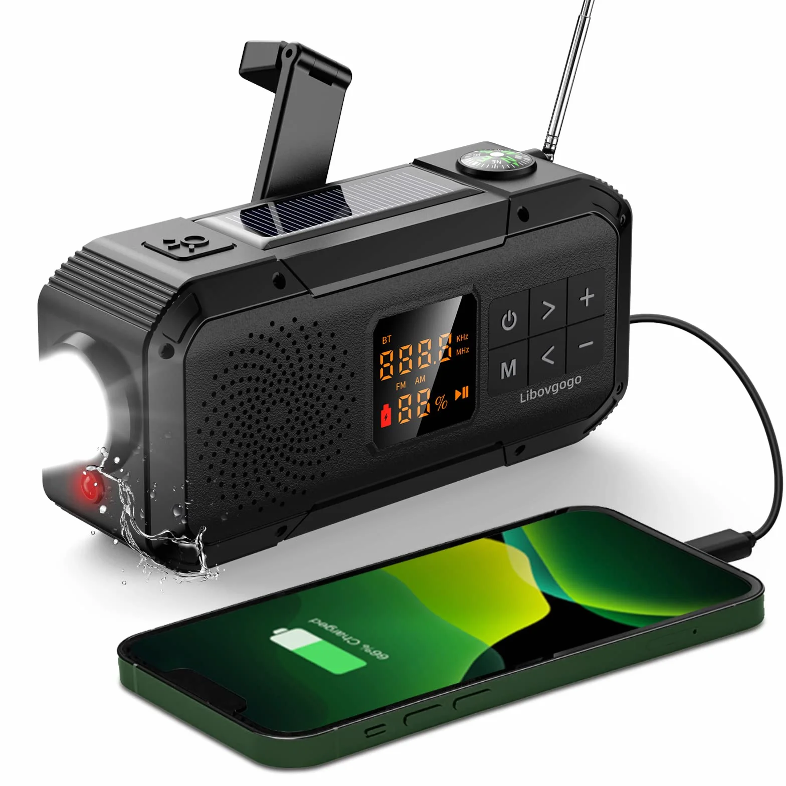 Libovgogo DF-589 małe radio awaryjne z korbą ręczną, wodoszczelny głośnik Bluetooth, przenośne cyfrowe radio AM FM z latarką, lampą błyskową, powerbank 2000 mAh, radio z korbą słoneczną, SOS