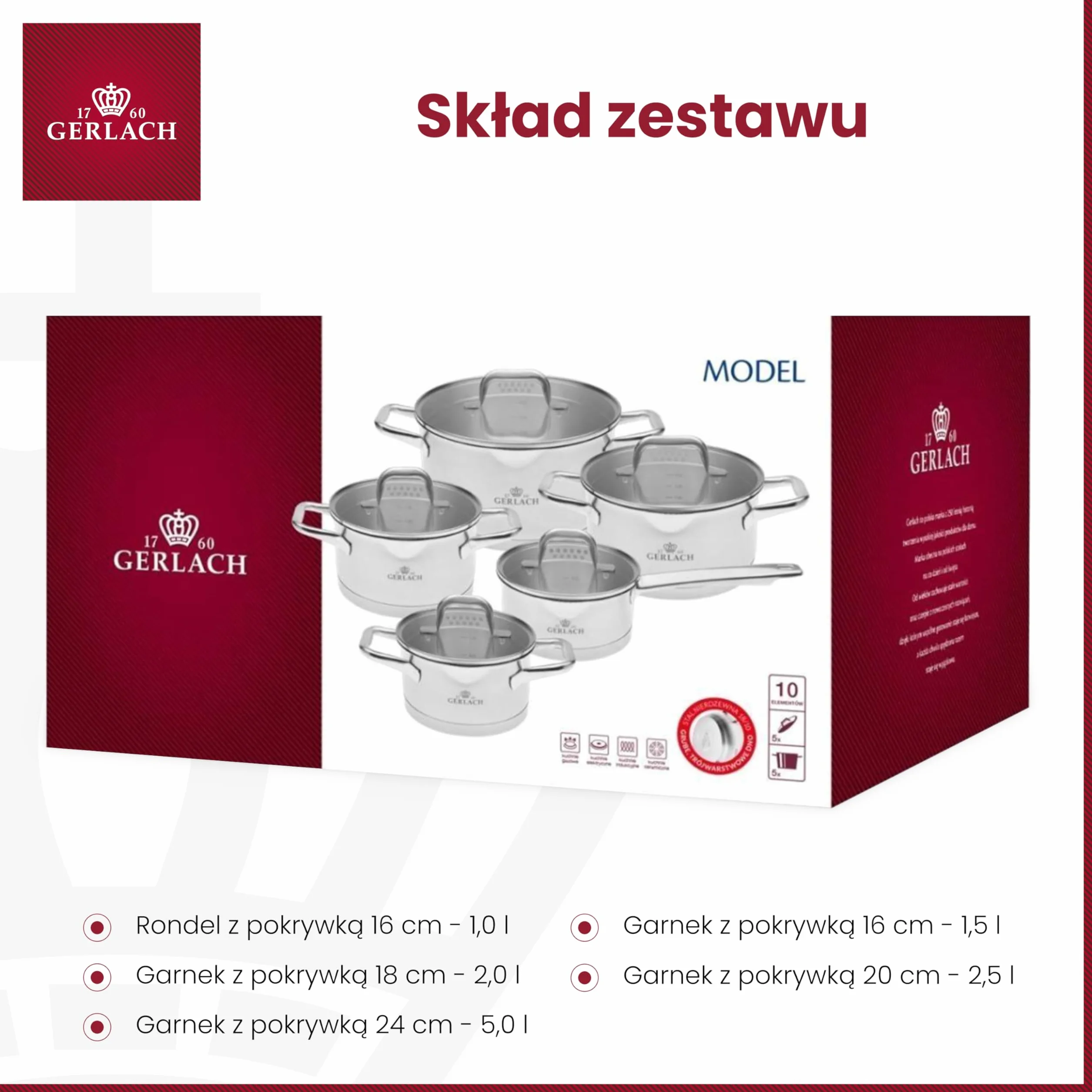 Gerlach Zestaw Garnków, Stal Stopowa, Srebrny, 5 elementów