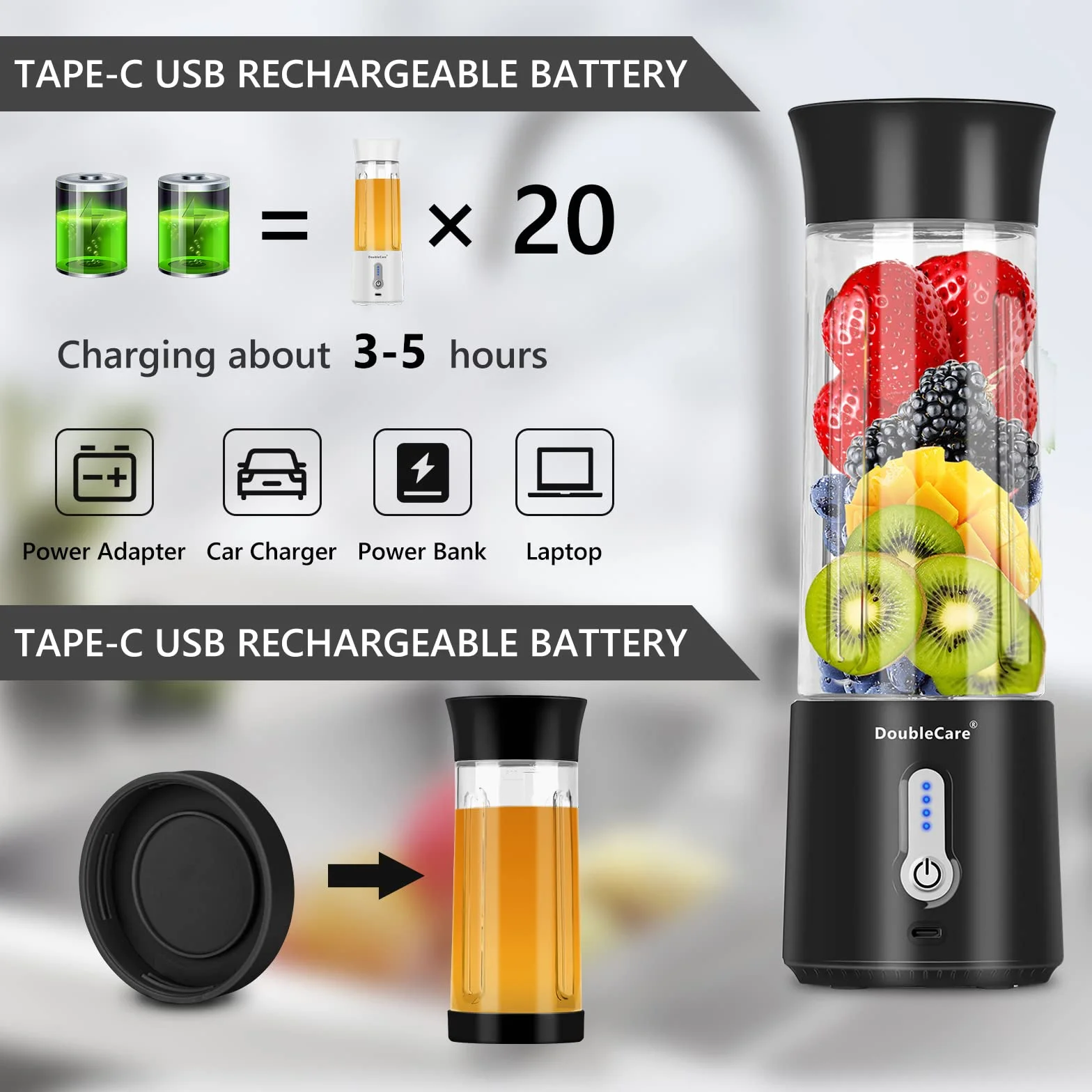 Elektryczna sokowirówka mikser do shake'ów i smoothies 500 ml 4000 mAh BPA free czarny