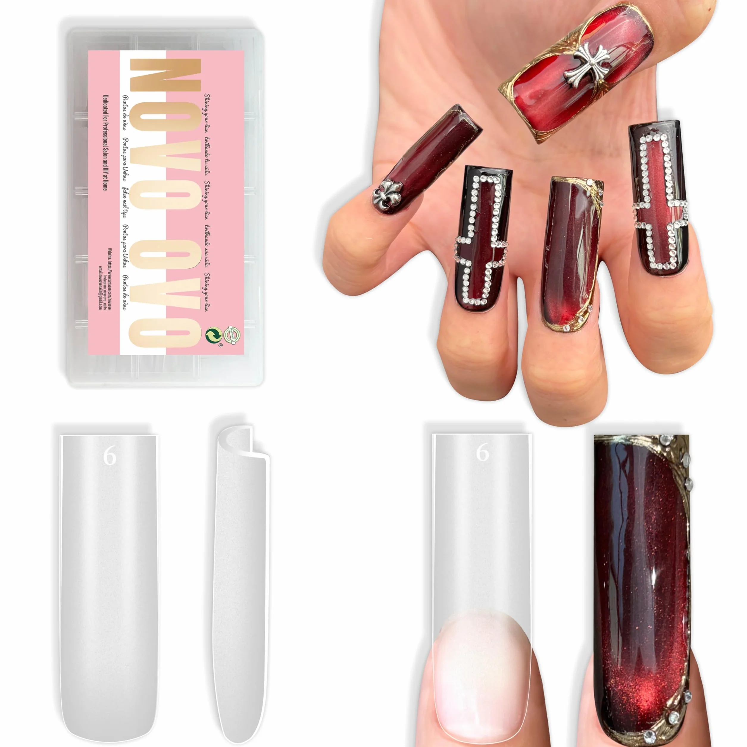 NOVO OVO Sharp Square Long Nail Tips Press on, Natural (Not Sculpted) No C-Curve Soft Gel podwójne matowe sztuczne przedłużenie paznokci, paznokcie pełne pokrycie do salonu manicure DIY, 15 rozmiarów