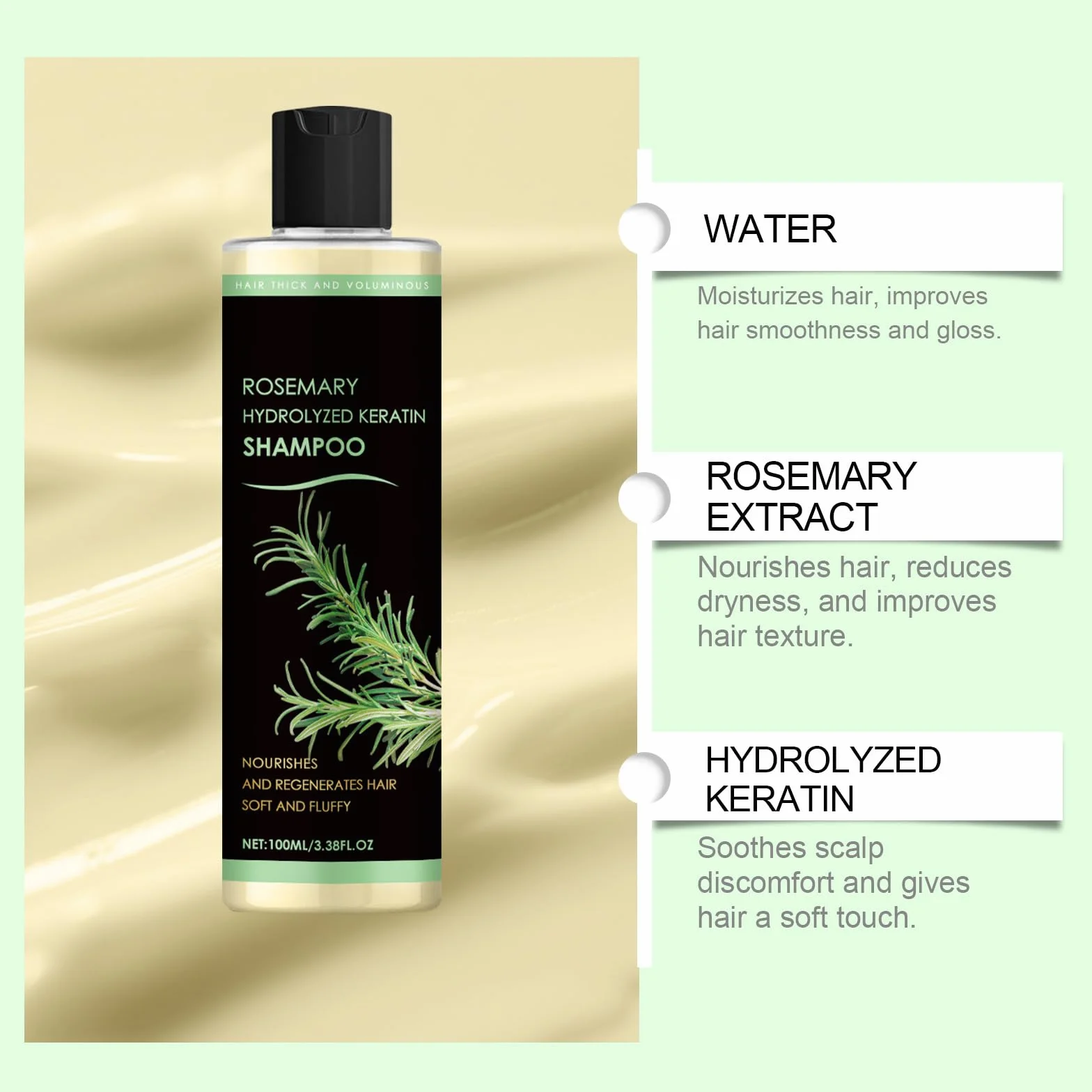 Szampon rozmarynowy do porostu włosów, organiczny szampon z rozmarynem z hydrolizowaną keratyną, naturalny szampon wzmacniający do delikatnych włosów, dla kobiet i mężczyzn (1 szt.)