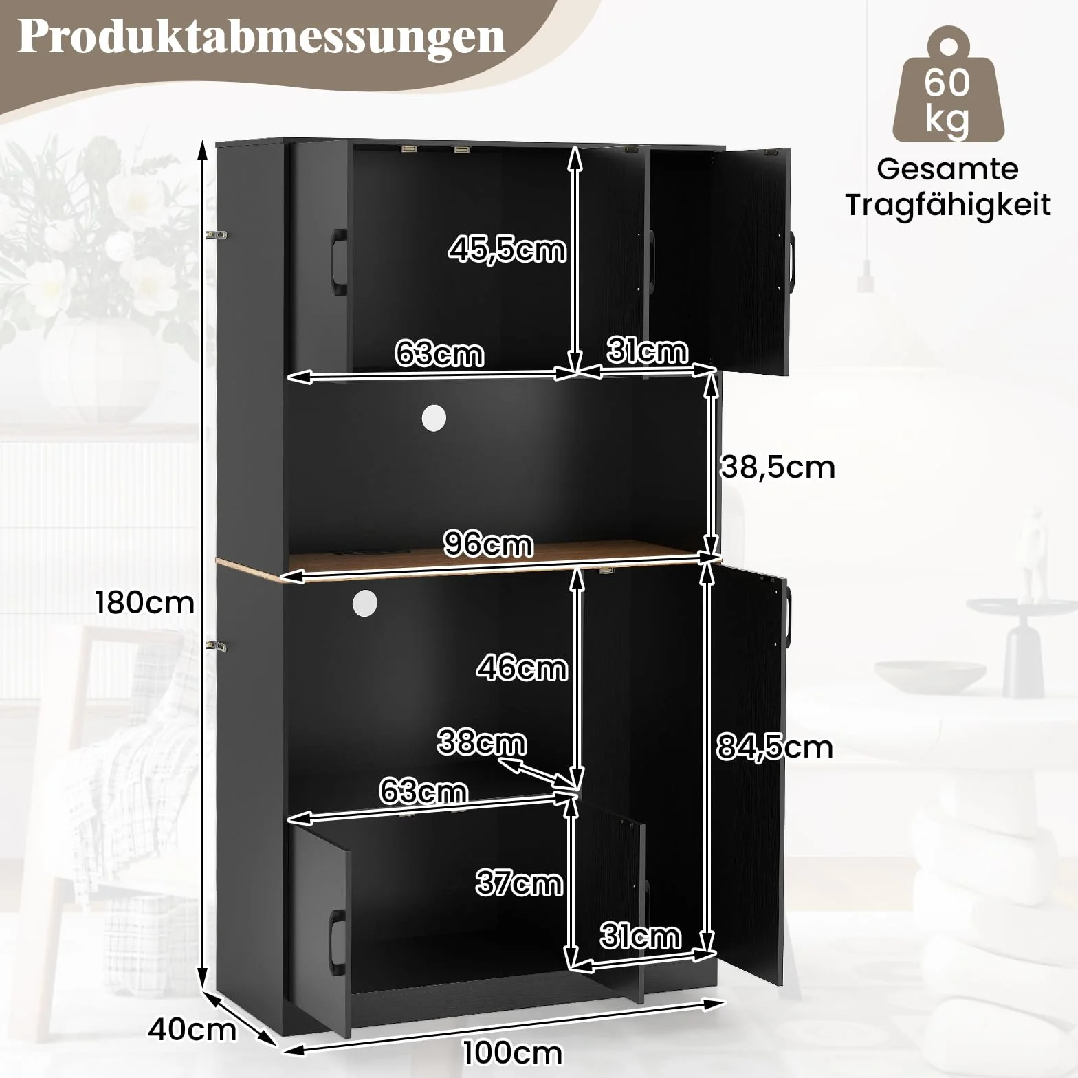 COSTWAY Drewniana szafka kuchenna z gniazdkiem, wysoka 100x40x180 cm czarna