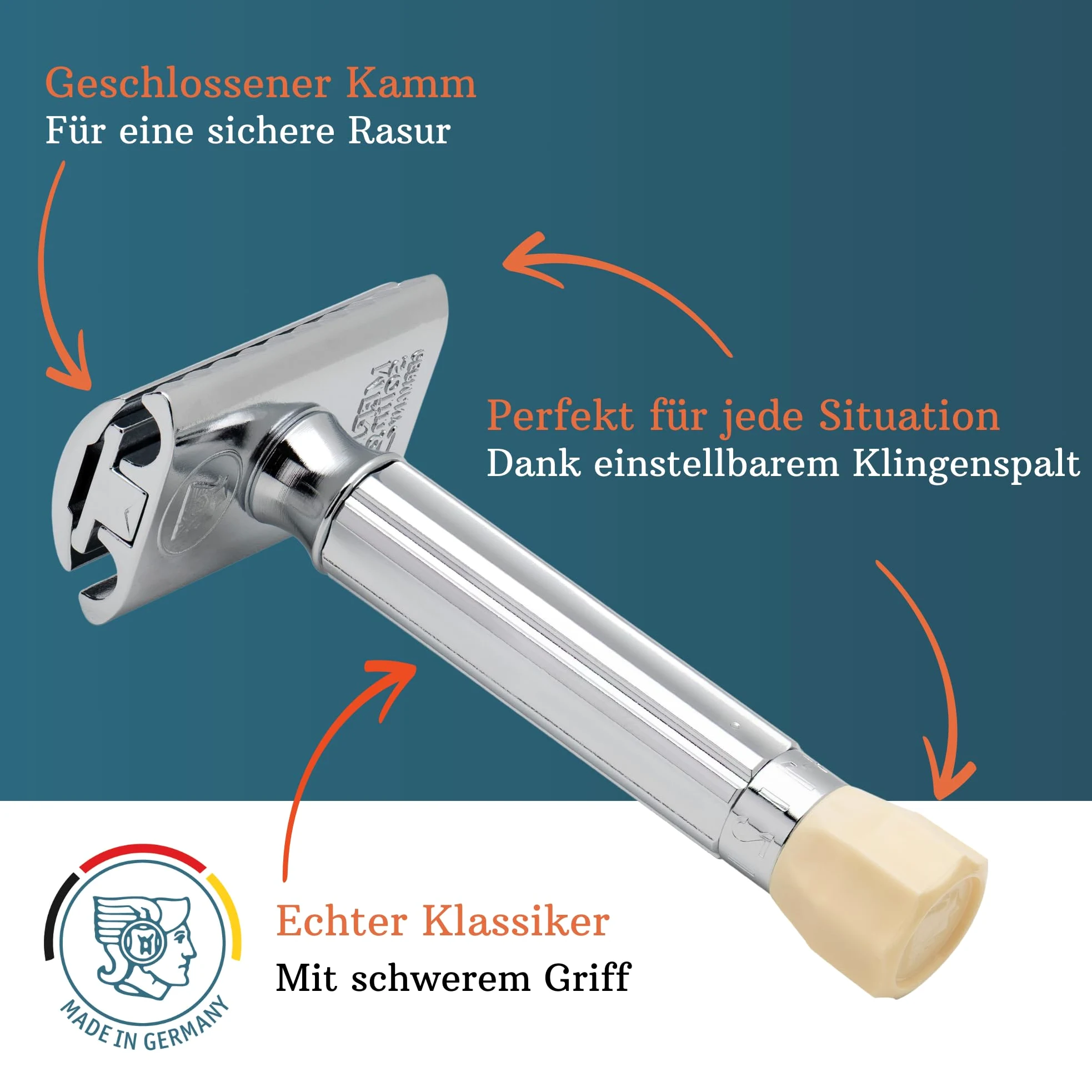 MERKUR Regulowana maszynka do golenia 500C | klasyczny chrom błyszczący | dwuczęściowa maszynka do golenia o prostym kroju | idealna do golenia na mokro | odlew cynkowy | mosiężny uchwyt | Made in