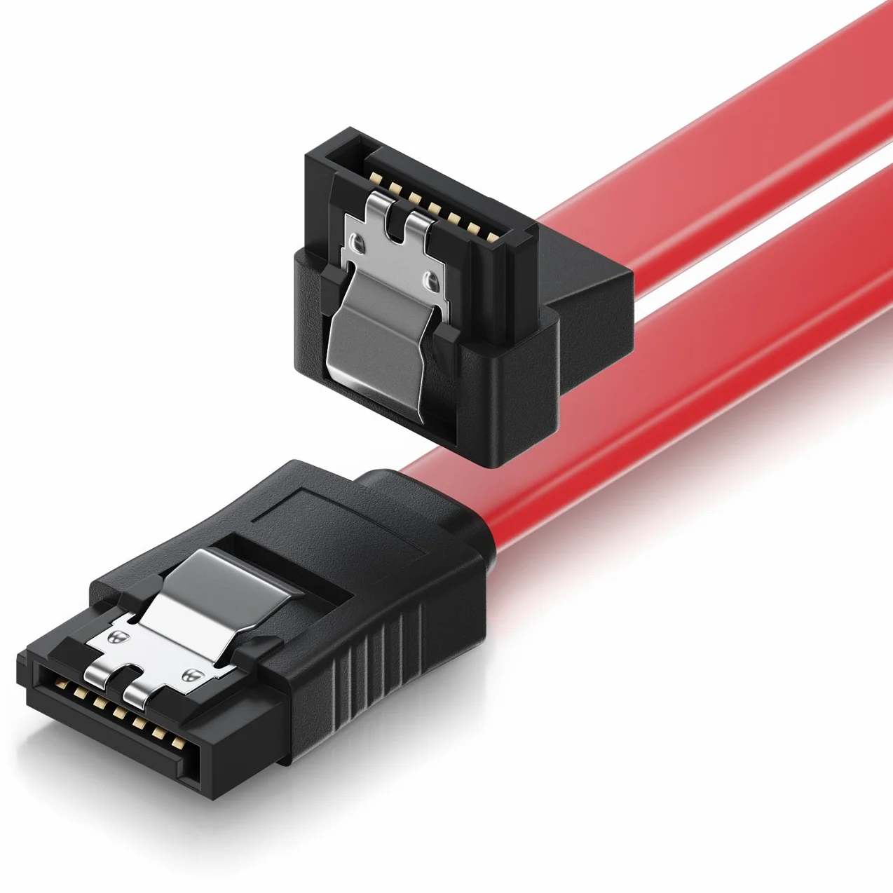 deleyCON 30cm SATA III Kabel - Przewód Danych S‑ATA 3 - do HDD SSD - z Metalowym Klipsem - Przepustowość 6 Gbit/s - 1x Wtyk Prosty 1x Wtyk Kątowy L‑Type - Czerwony