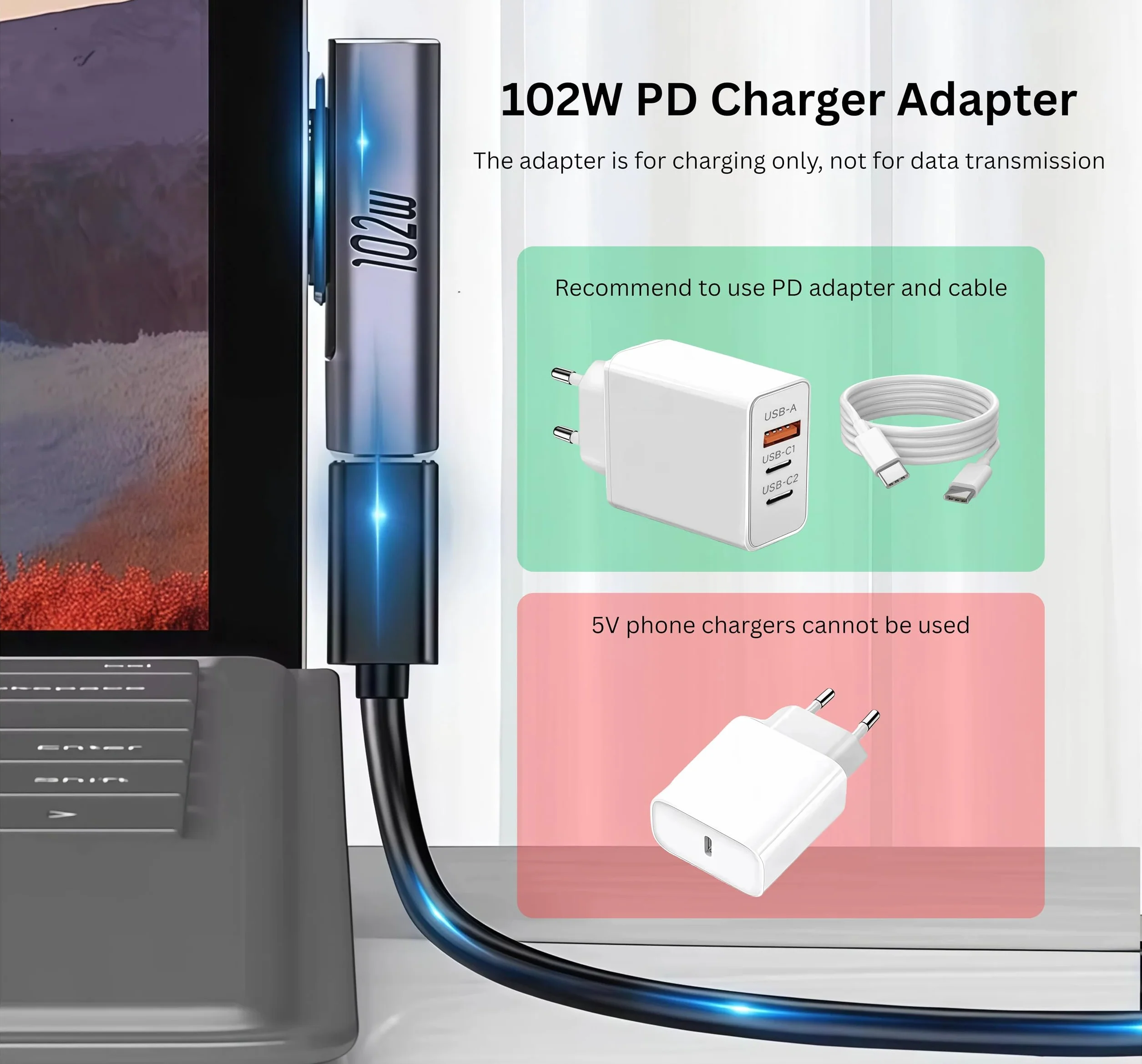 Magnetyczny adapter USB-C 102W PD do szybkiego ładowania kompatybilny z Microsoft Surface Pro 10/9/8/7/X/6/5/4/3, Book 1/2/3, Go 1/2/3/4, Duo 2