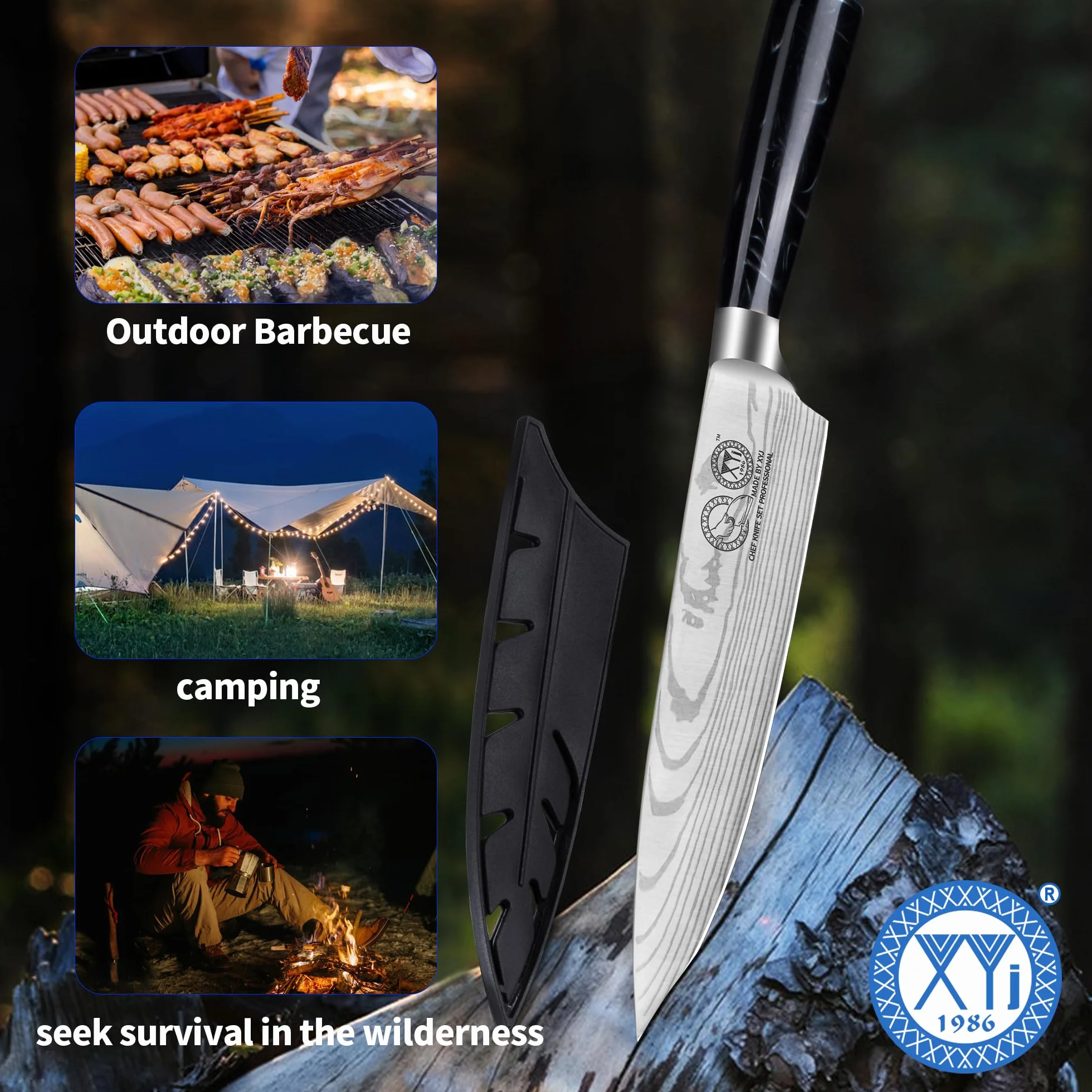 XYJ Authentic Since 1986,8 Inch Japanese Chef Knife,Stainless Steel,Vein Damascus Pattern Sharp Blade,Meat Cleaver for Meat Cutting,Professional Kitchen Knife With Sheath,Outdoor Camping BBQ