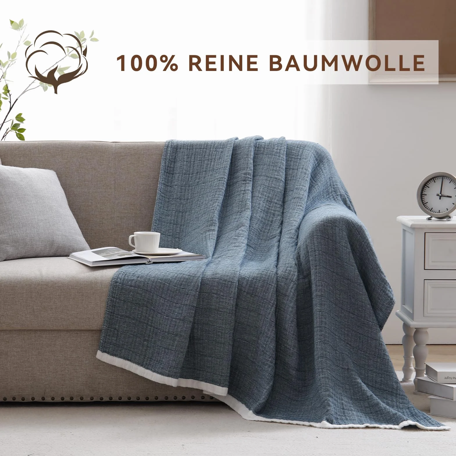 SE SOFTEXLY Przytulny koc bawełniany, 100%, 4-warstwowy, miękki koc XL, koc dzienny, lekki, wygodny koc bawełniany, muślinowy koc na całą porę roku, jako narzuta na sofę, pawiowy błękit, 150 x 200 cm