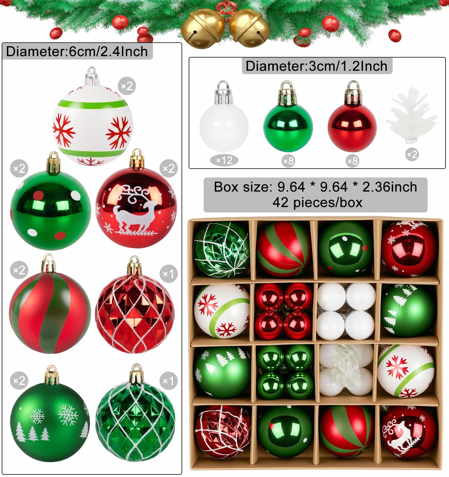 Zestaw bombek choinkowych 42 sztuki, 40 nietłukących się bombek z tworzywa sztucznego, czerwone, zielone, białe, 2 rozmiary 3 cm i 6 cm, 2 szyszki