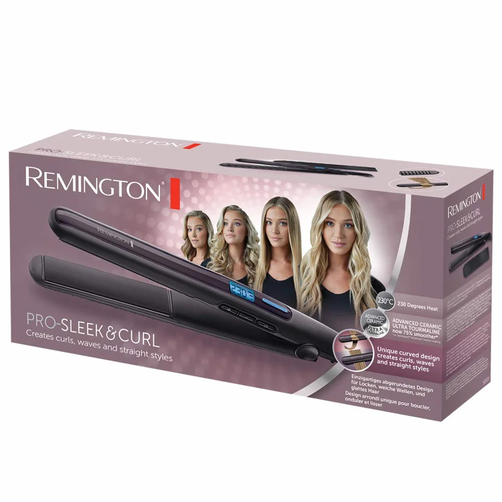 Remington prostownica do włosów, powłoka ceramiczna, smukły kształt umożliwia kręcenie włosów, zakres temp. 150-230°C, szybkie nagrzewanie, moc 57W, czarno-fioletowa, Pro-Sleek&Curl S6505