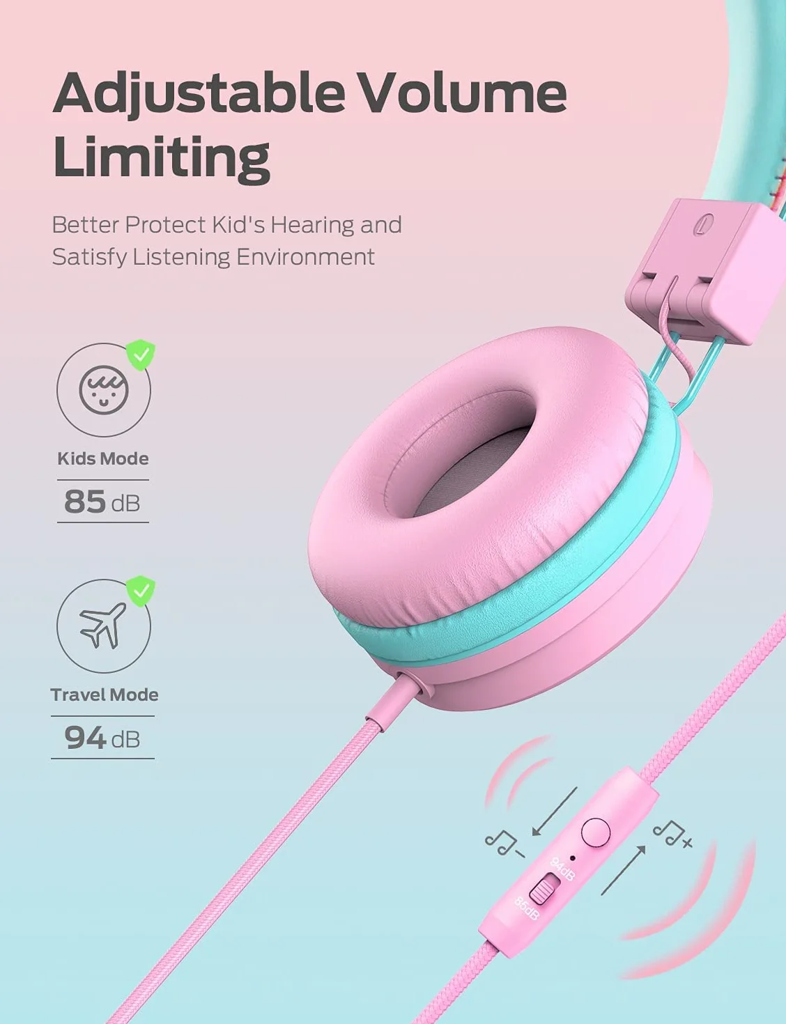 iClever Słuchawki audio, przewodowe słuchawki dla dzieci, regulowana opaska na głowę, dźwięk stereo, składane przewody rozplątane, gniazdo pomocnicze 3,5 mm, 85/94 DB ograniczona głośność (różowy)
