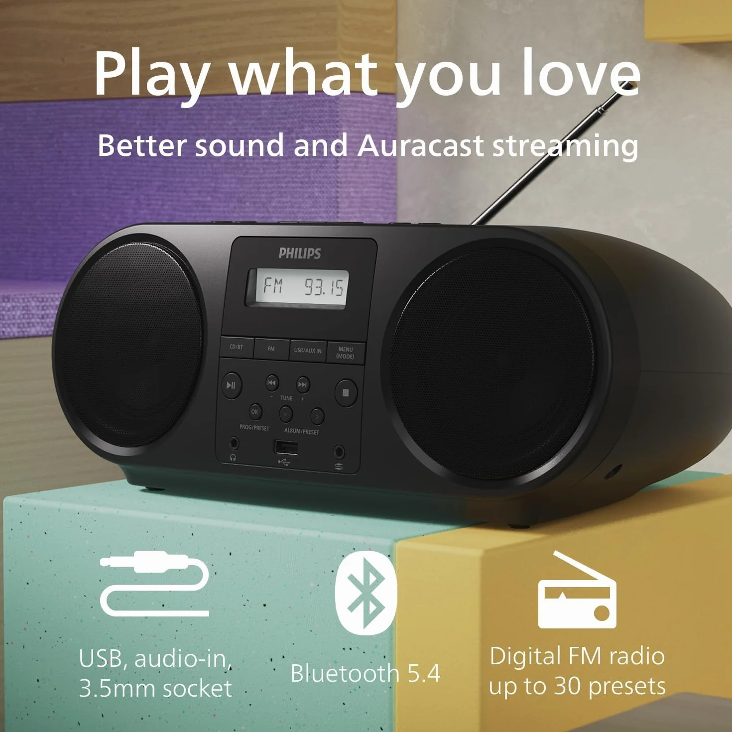 Philips Uniwersalny odtwarzacz CD TAZ5000 z radiem FM, Bluetooth 5.4, portami USB, dynamicznymi basami, gniazdem sluchawkowym 3,5 mm, zasilany z baterii/sieci (AC), wykonany z materialów z recyklingu
