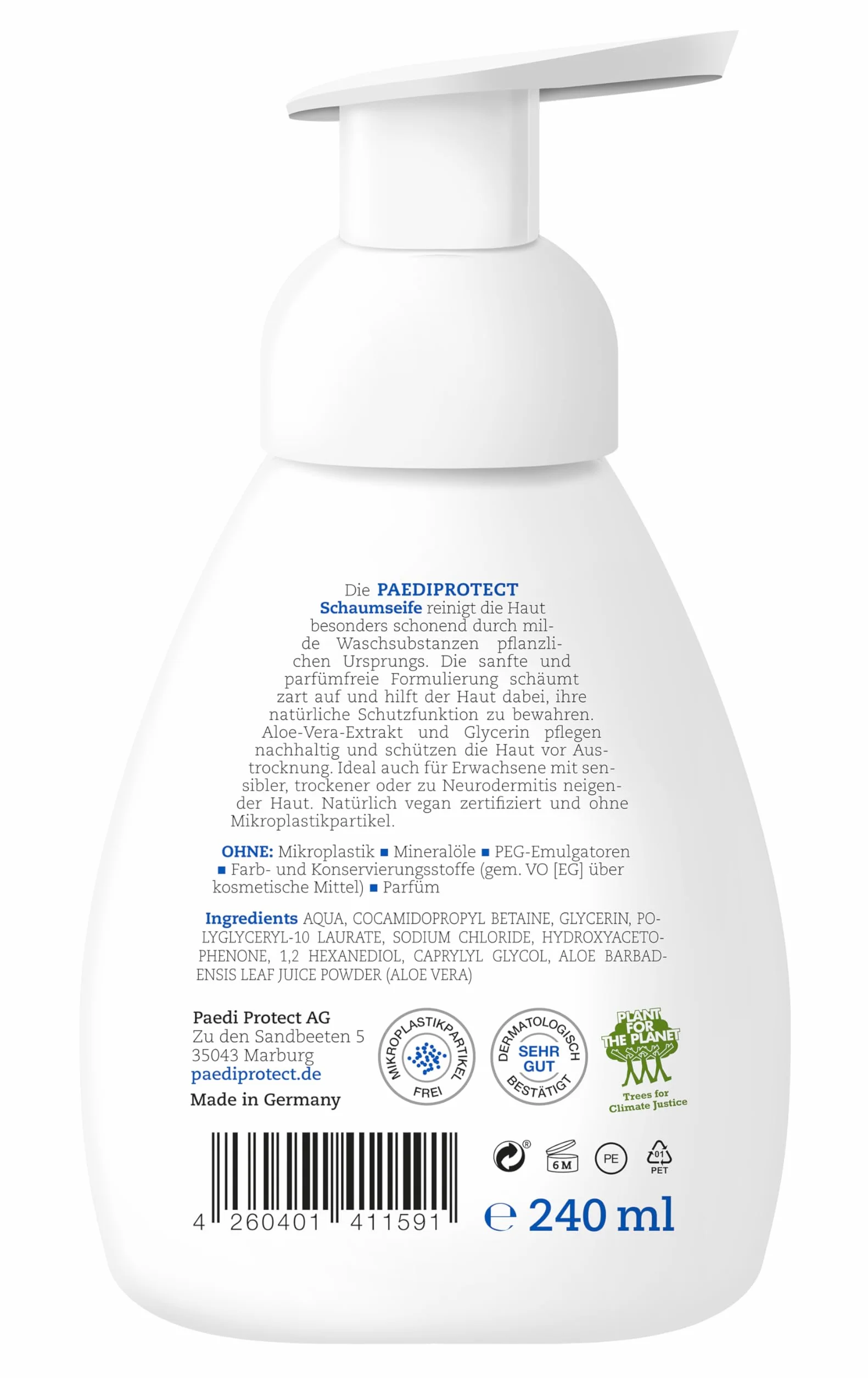 PAEDIPROTECT Mydło w piance dla dzieci i dorosłych 250 ml, bezzapachowe i nawilżające, antybakteryjne mydło z aloesem i gliceryną, oczyszczające, wzmacniające odporność i regenerujące, wegańskie mydło do rąk o neutralnym pH