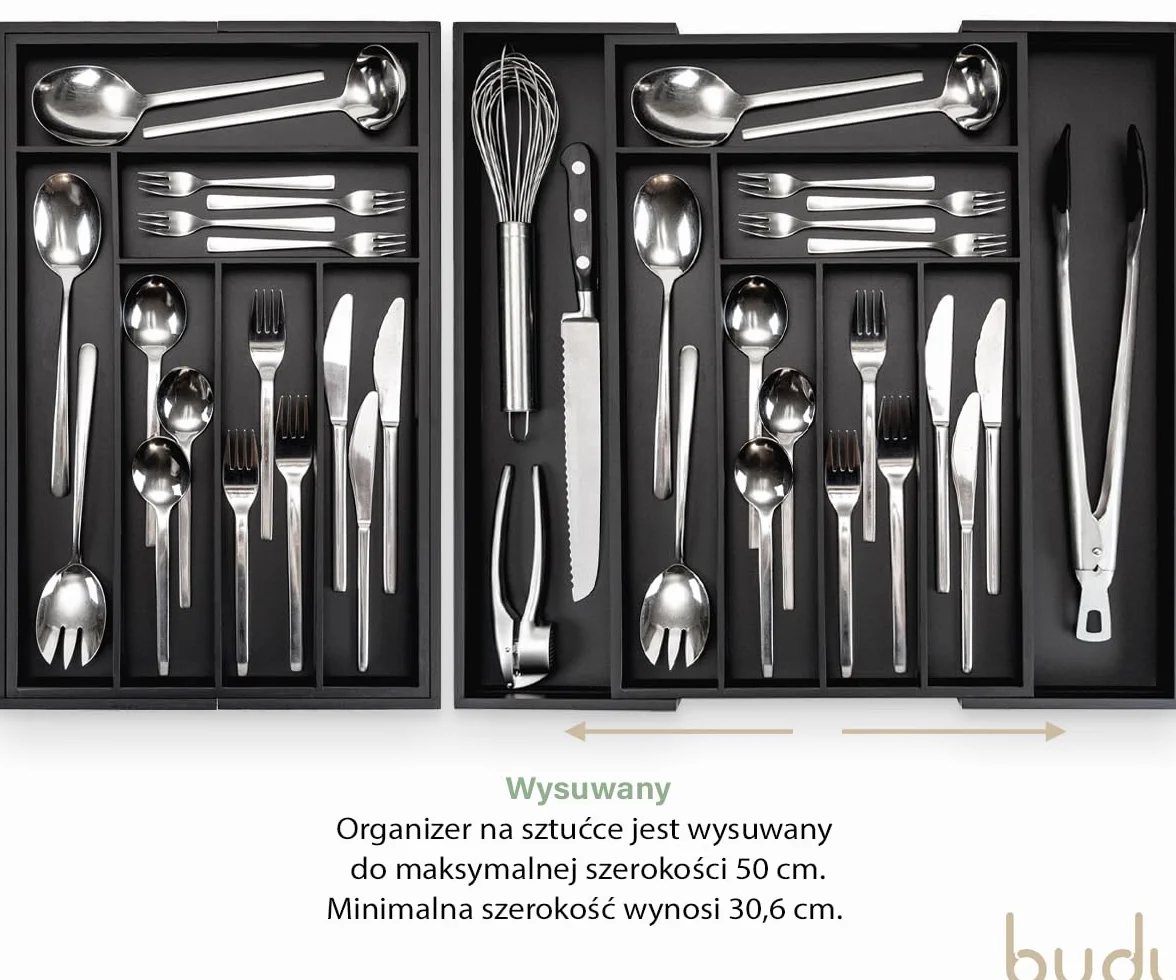 budu Wkład na sztućce #47 (Głębokość 47cm) z bambusa - Czarny - System organizujący szuflady do kuchni - Wyciągany - Organizer do szuflady kuchennej