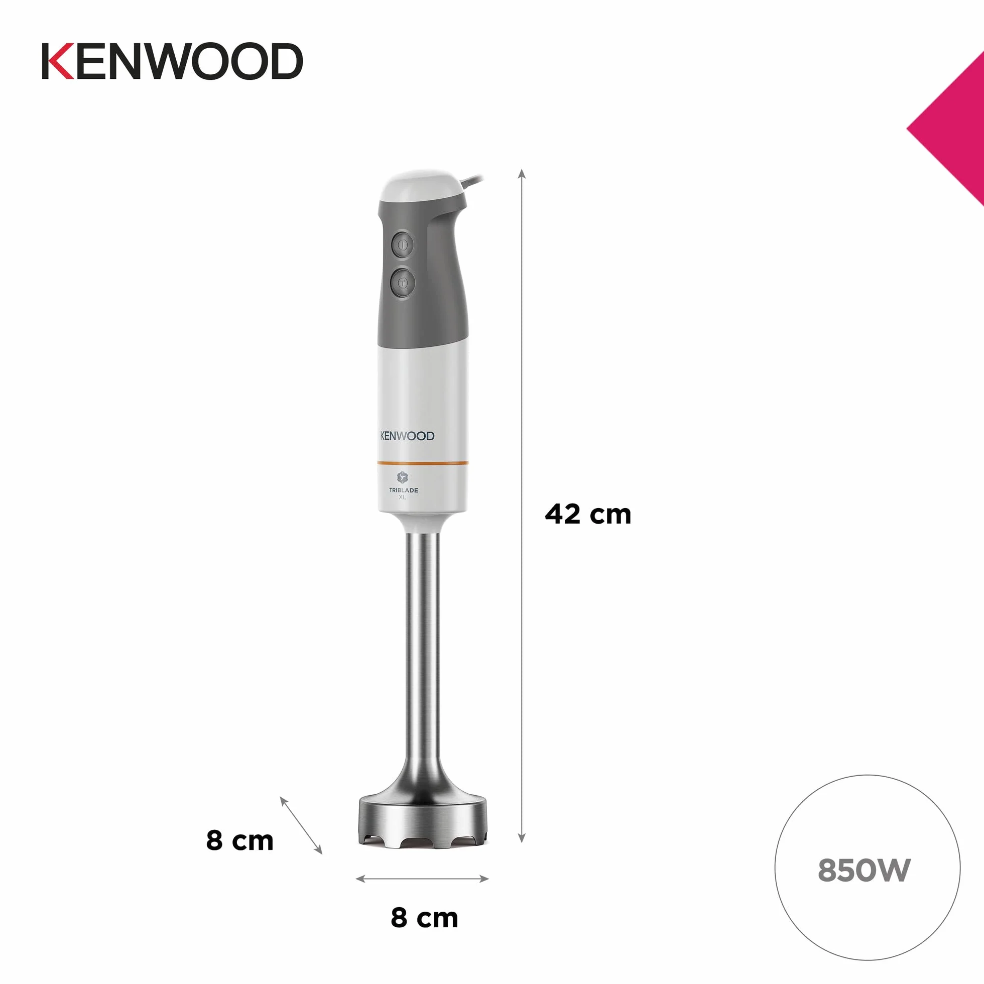 Kenwood Blender nurkowy HBM40.302WH 850 W 20 cm metalowy pręt, 1 prędkość+turbo, biały
