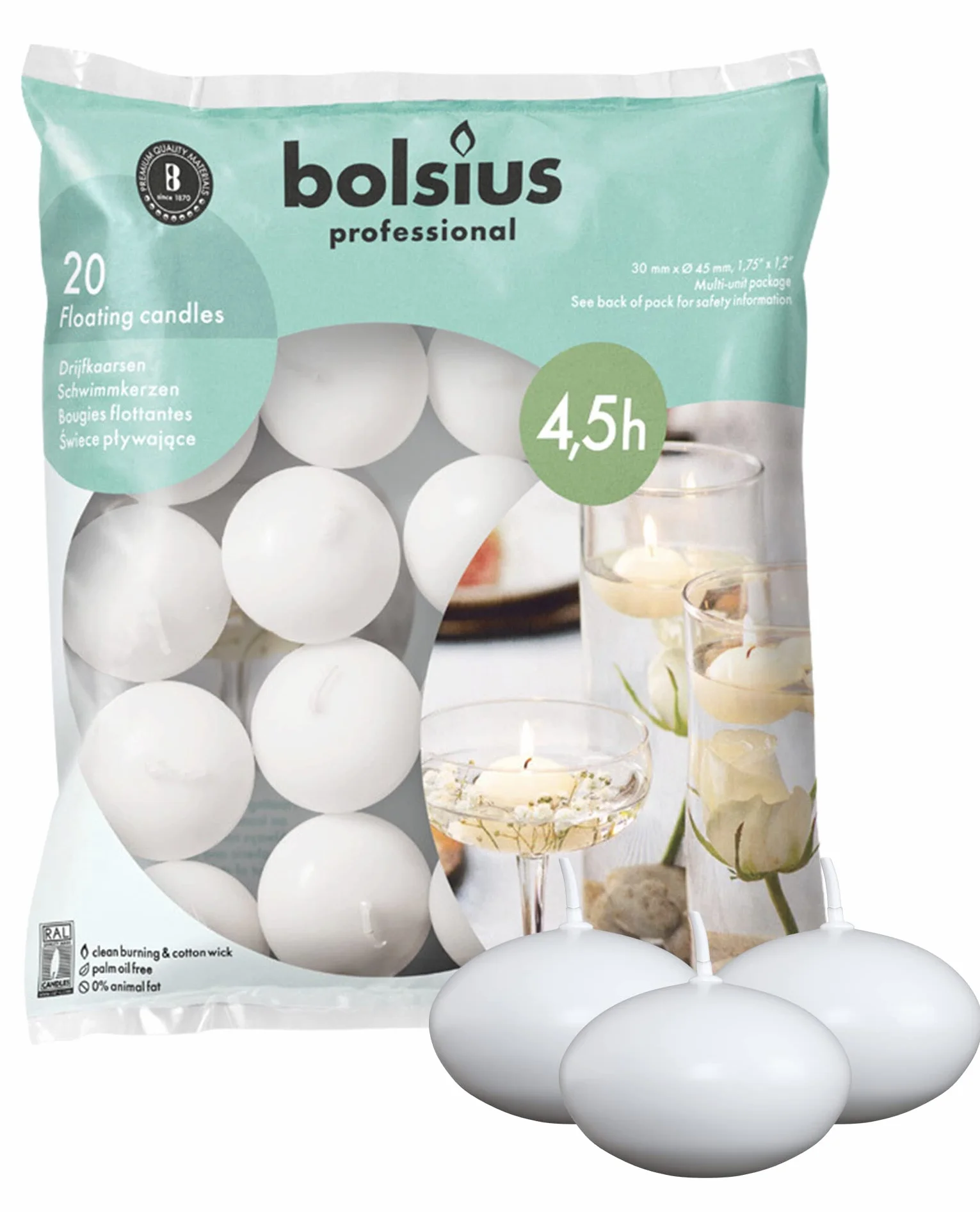Bolsius Beautiful Flame Świeczka Pływająca, Biały, 20 sztuk