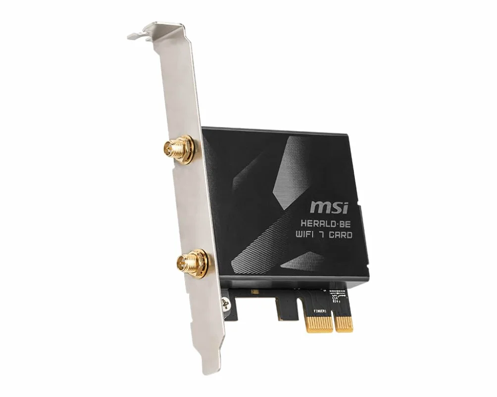 MSI Herald-BE WI-FI 7 MAX (Wi-Fi 7, 802.11BE, Bluetooth 5.4, PCIe, technologia obsługi multi-link, antena zewnętrzna)