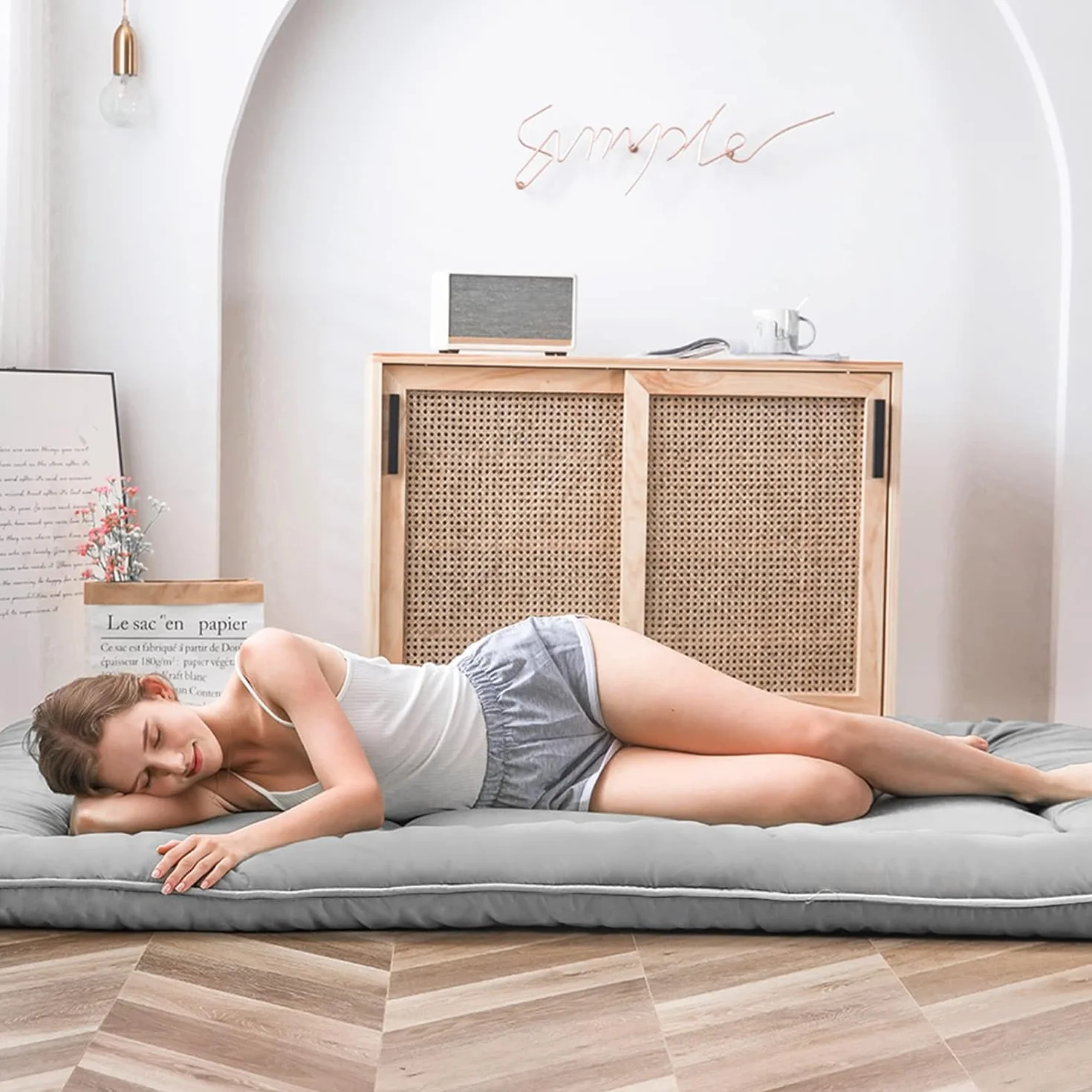 MAXYOYO Japoński materac podłogowy futon mata tatami składany zwijany rozmiar podwójny szary