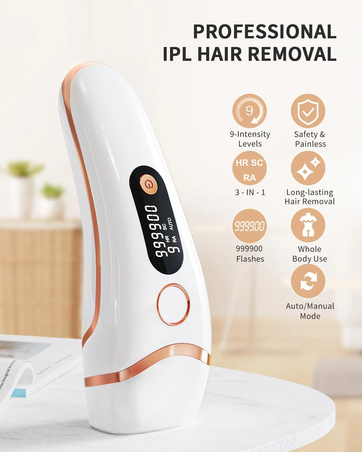 IPL Laser do usuwania owłosienia dla mężczyzn i kobiet, 999 900 impulsów świetlnych 3 funkcje HR/SC/RA i 9 poziomów energii Bezbolesne trwałe usuwanie owłosienia z ciała, twarzy i okolic bikini