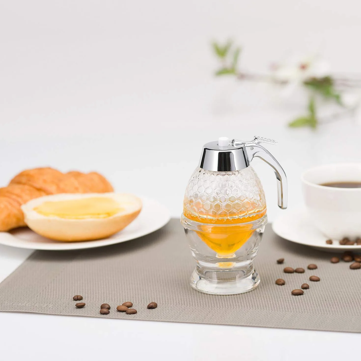 Westmark Dozownik do miodu 200 ml, Szkło/Tworzywo sztuczne, Wzór plastra miodu, Przezroczysty/Srebrny