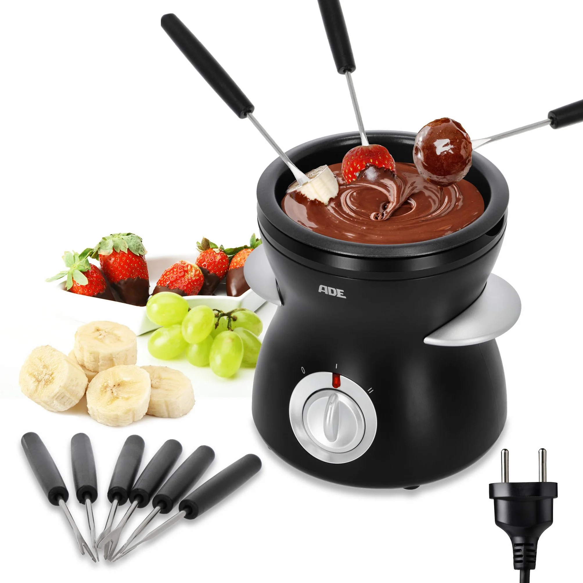 ADE Elektryczne czekoladowe fondue z 2 stopniami temperatury, 6 widelców do czekolady, z wyjmowanym pojemnikiem z teflonem, pojemność 250 ml