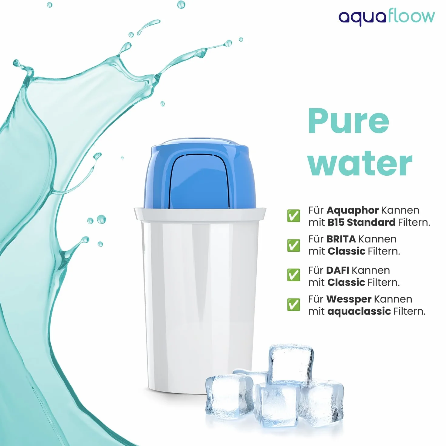 Aquafloow Filtr do dzbanka wkład filtrujący zamiennik Aquaphor B100-15 Dafi Classic Brita Classic Laica wzbogacenie magnezem 5 sztuk