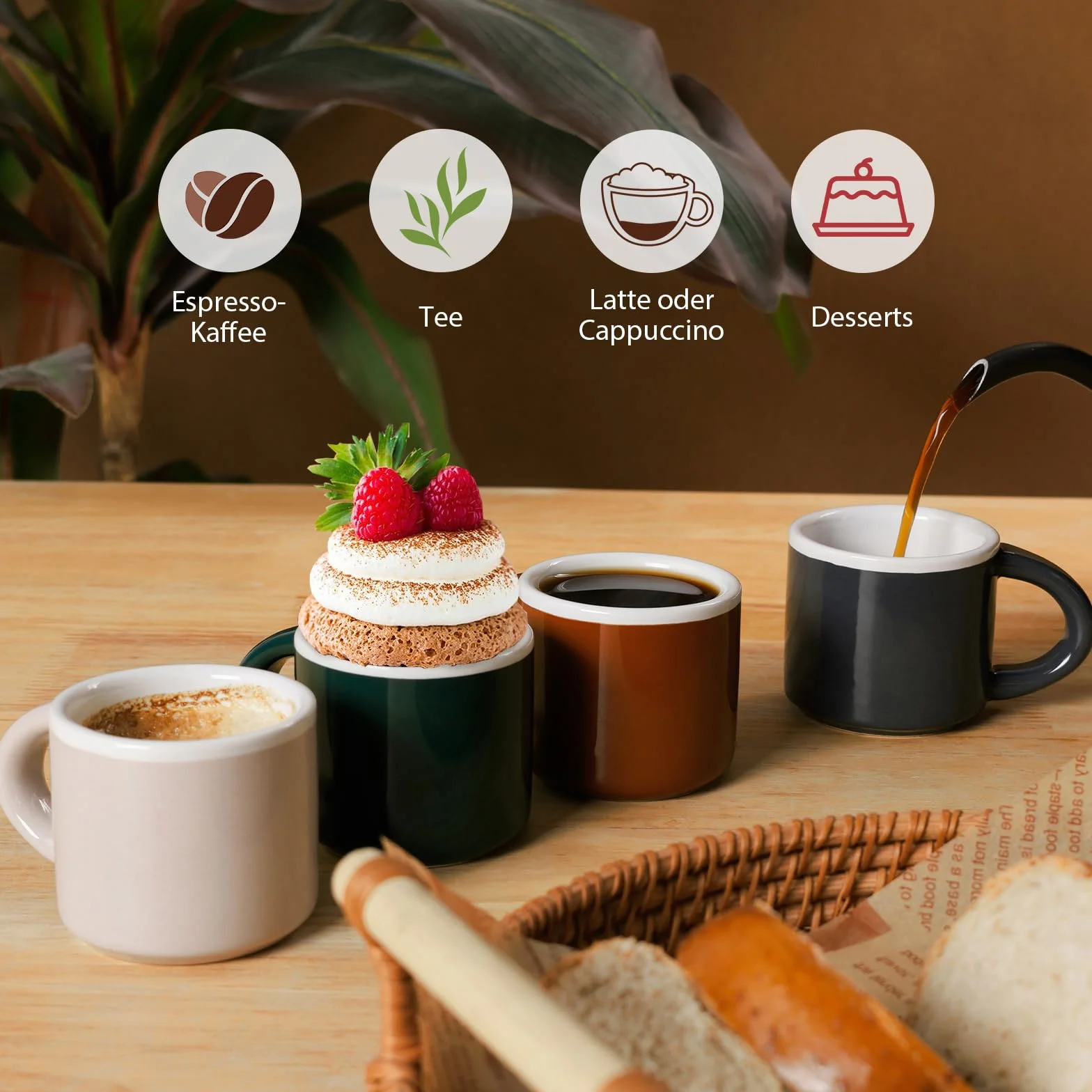 4-częściowy zestaw filiżanek do espresso, ceramiczne mini filiżanki do kawy, grube ścianki z uchwytem, idealne do kawy mokki, herbaty i mleka, idealne do domu i biura | kolorowe kubki do