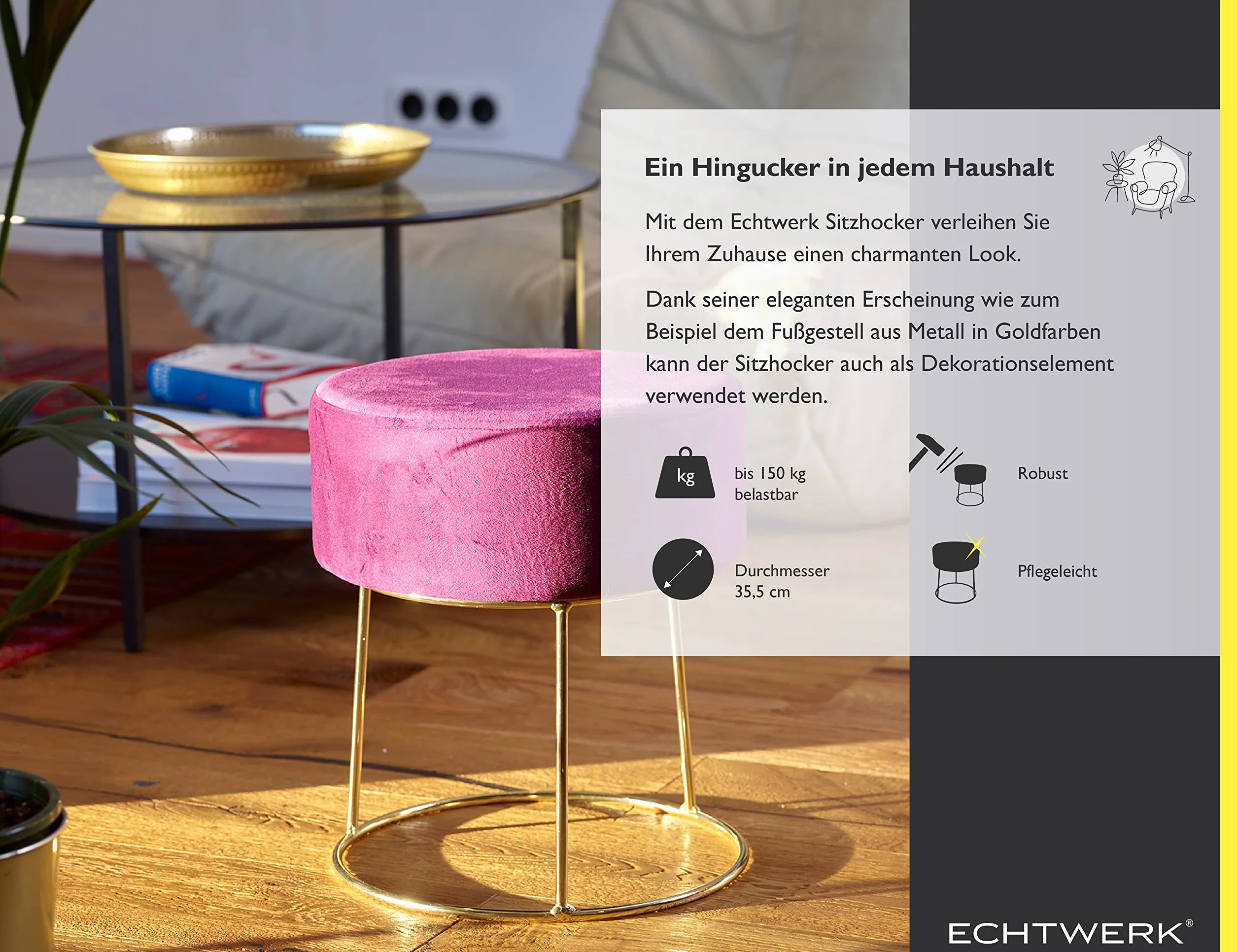 Echtwerk Okrągły Taboret Marilyn Tapicerowany Aksamitem Złote Metalowe Nogi 150 kg