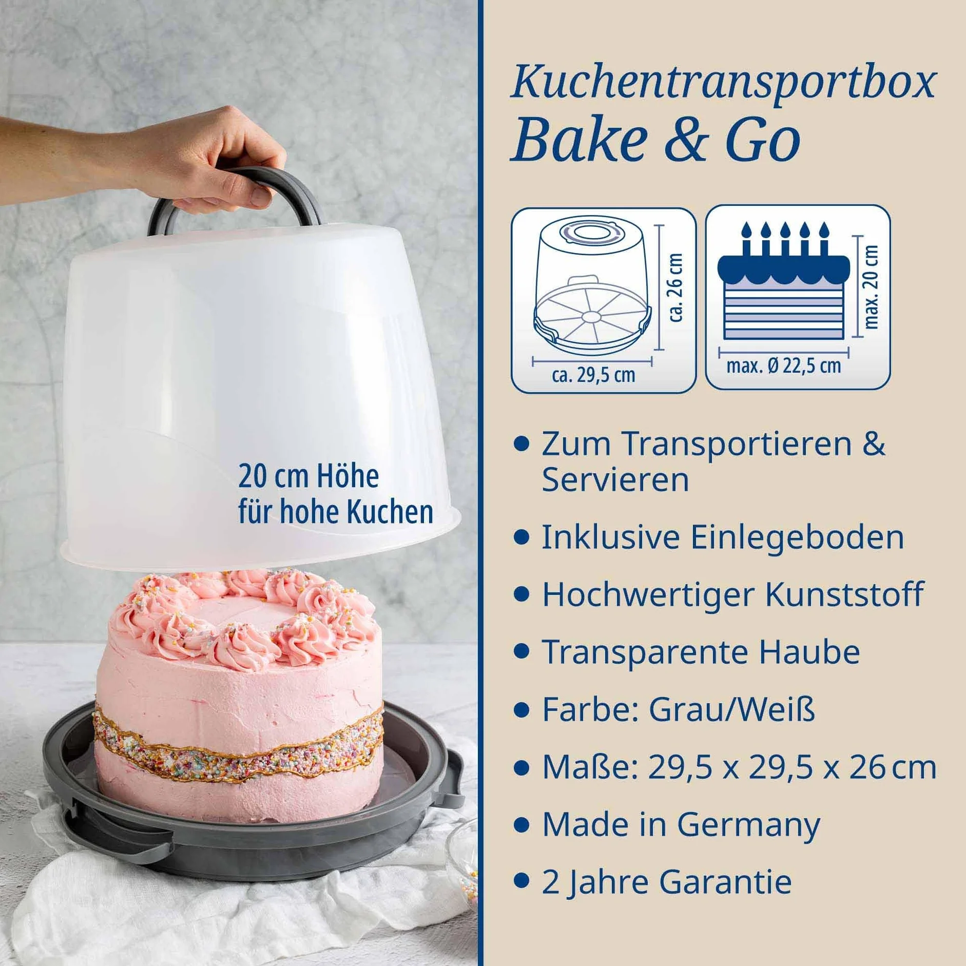 Dr. Oetker Pudełko transportowe na ciasto, bardzo wysokie – okrągłe pudełko transportowe z półką – miejsce na ciasta i torty o wysokości 20 cm