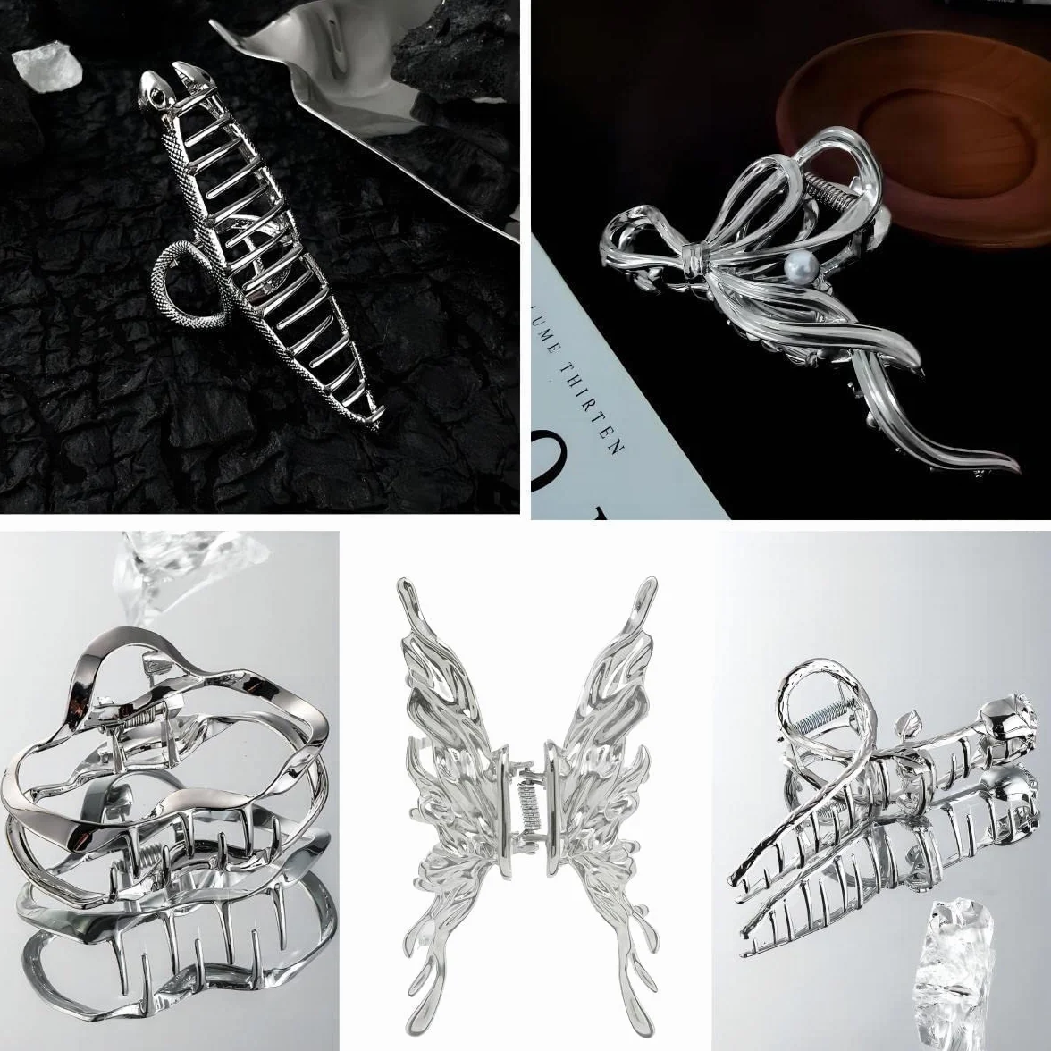 Duże spinki do włosów, srebrne, zestaw metalowych spinek do włosów, dla kobiet, dużych spinek do włosów, akcesoria do włosów dla kobiet i dziewcząt (5 sztuk)
